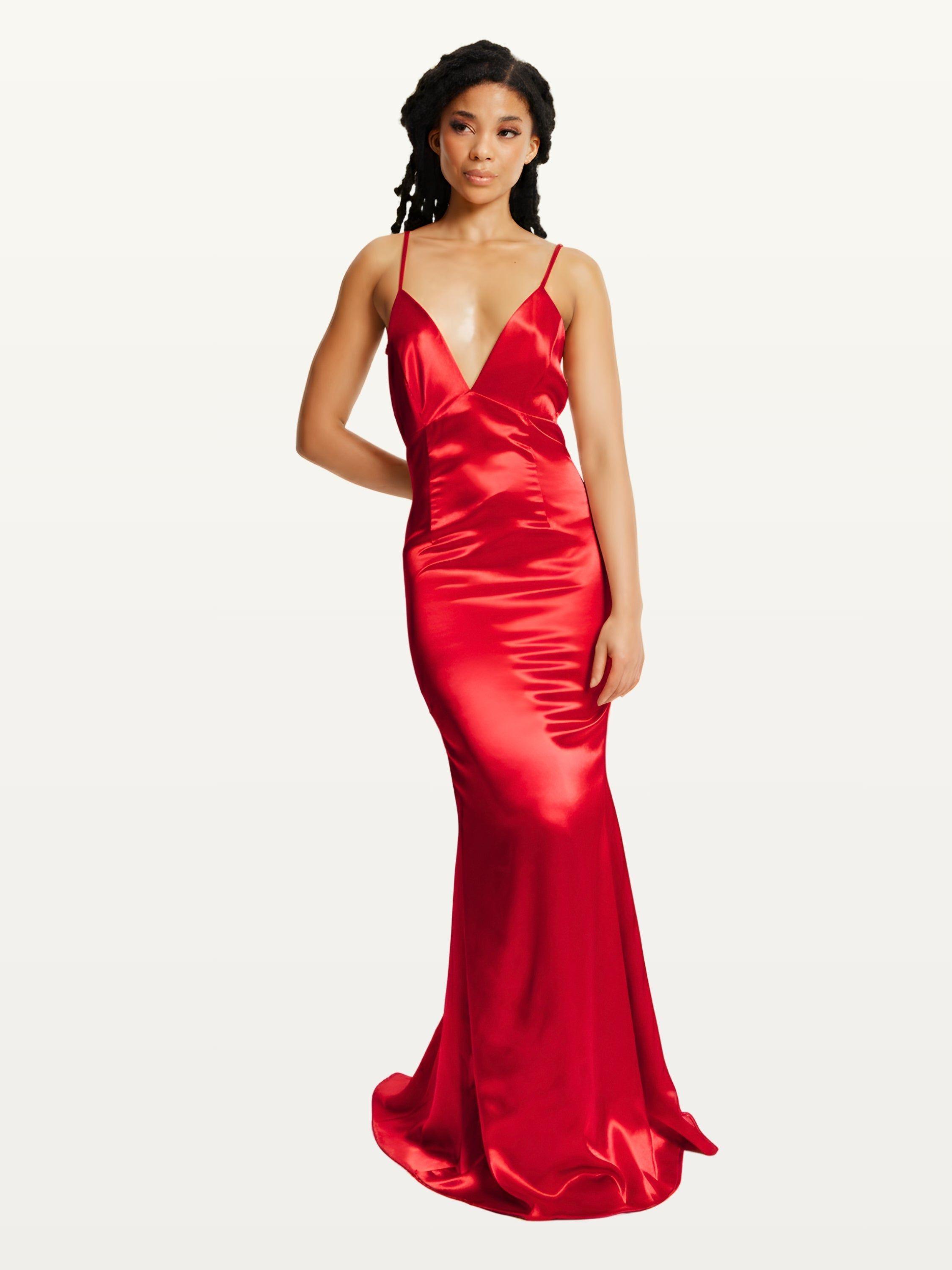 Red Satin Plunge Maxi Dress by LIQUORISH