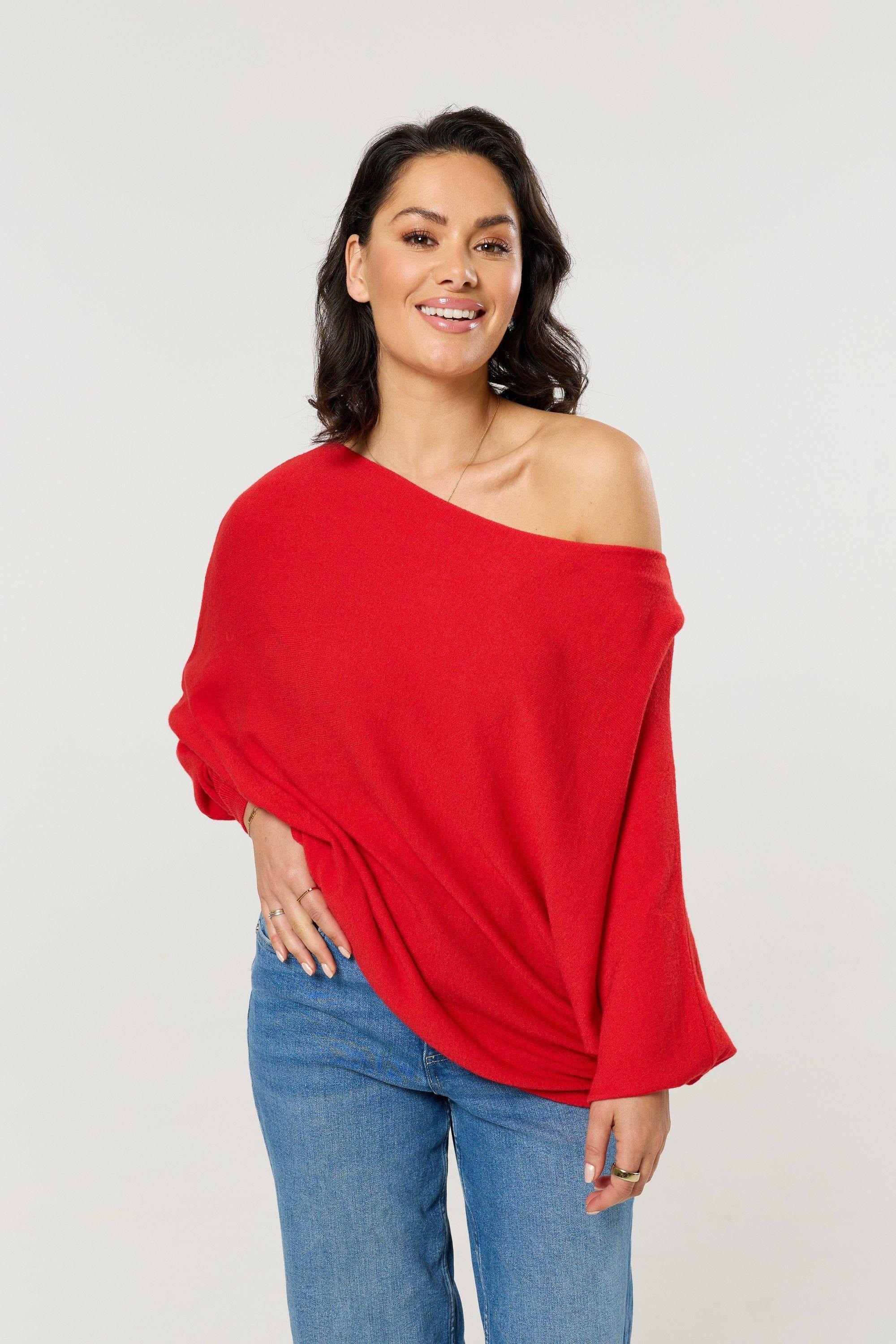 Red Wool Blend Off Shoulder Batwing Knit Jumper by LIQUORISH