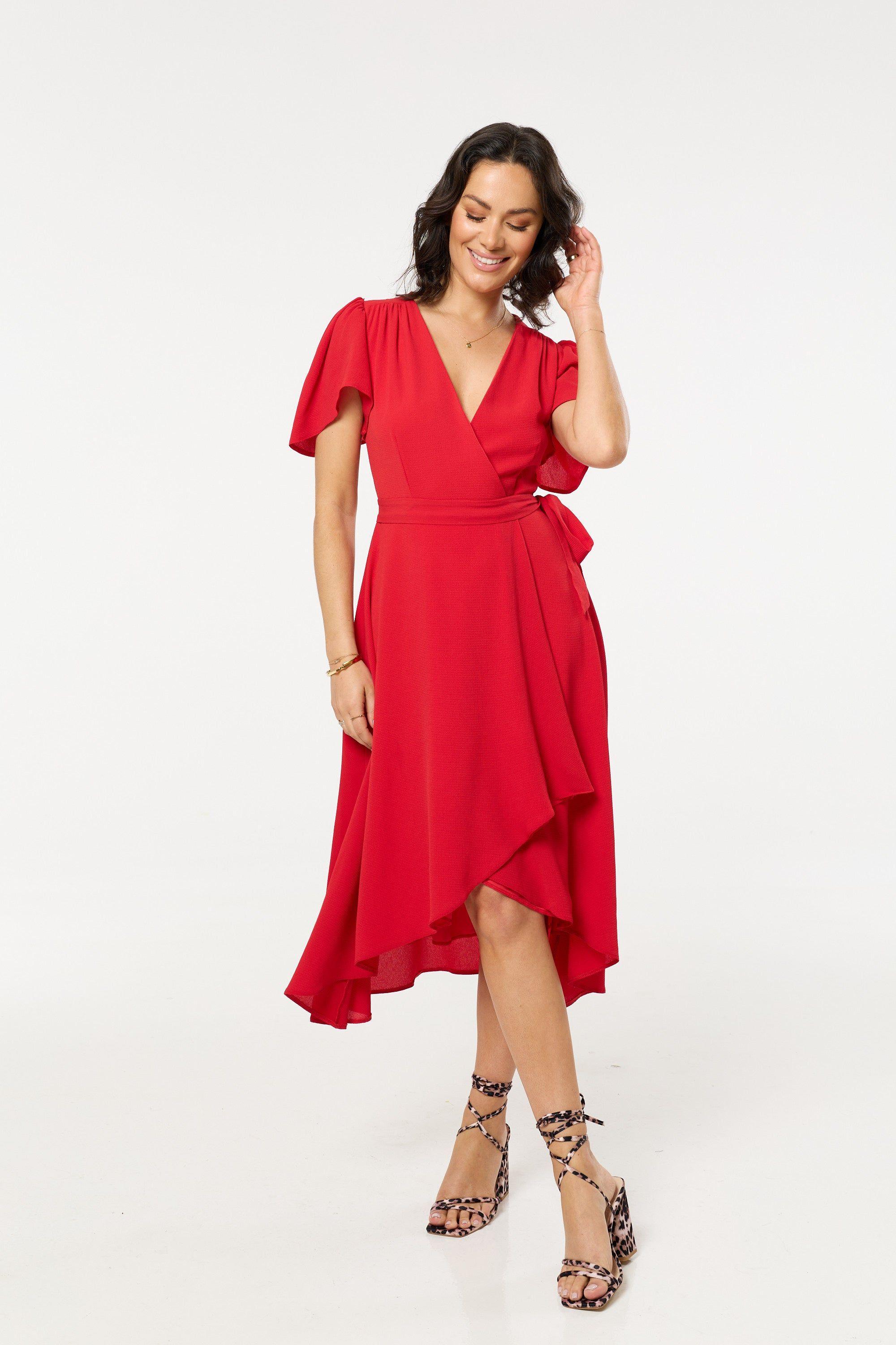 Red Wrap Midi Dress with Flutter Sleeves by LIQUORISH