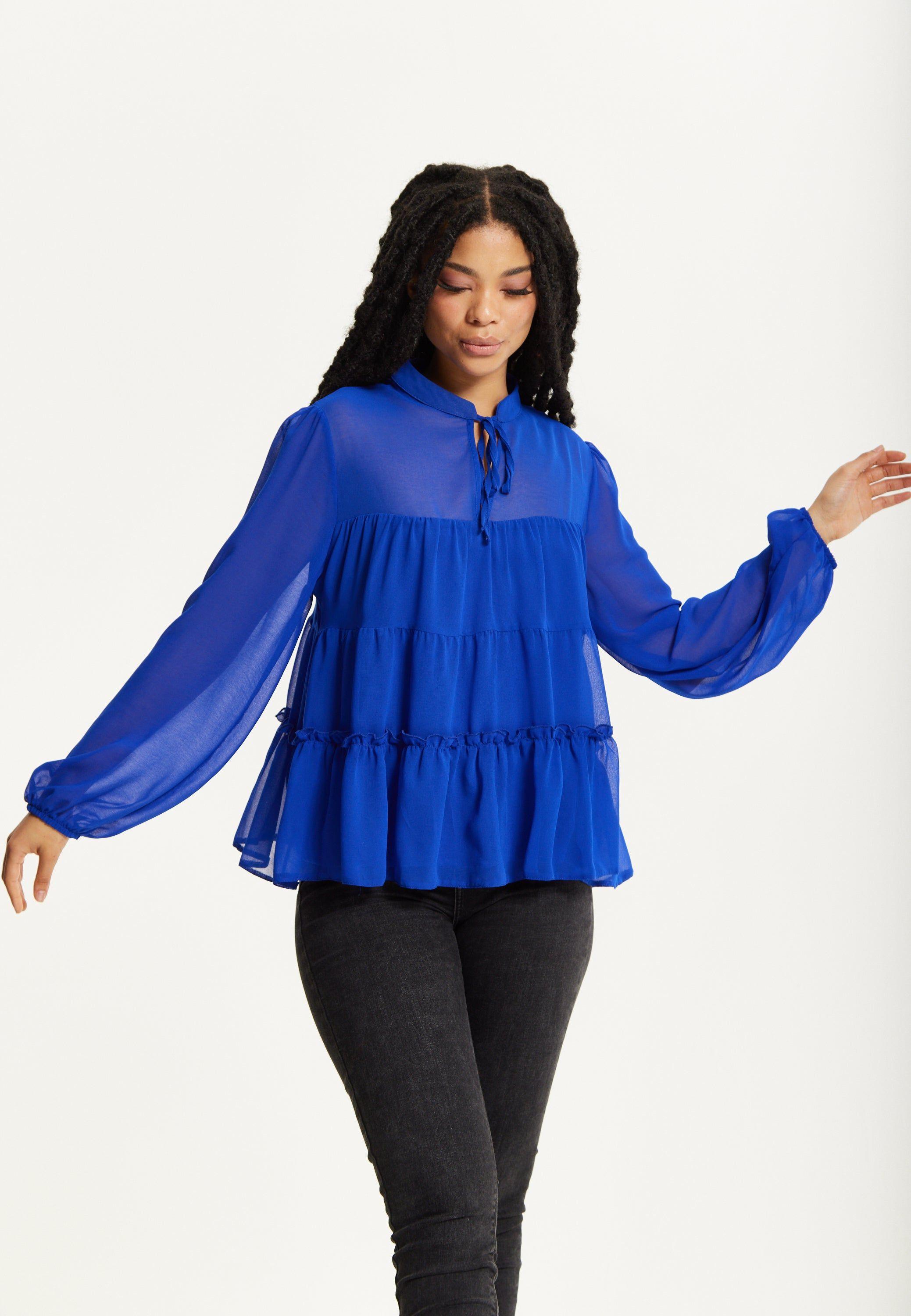 Royal Blue Tiered Long Sleeve Blouse by LIQUORISH