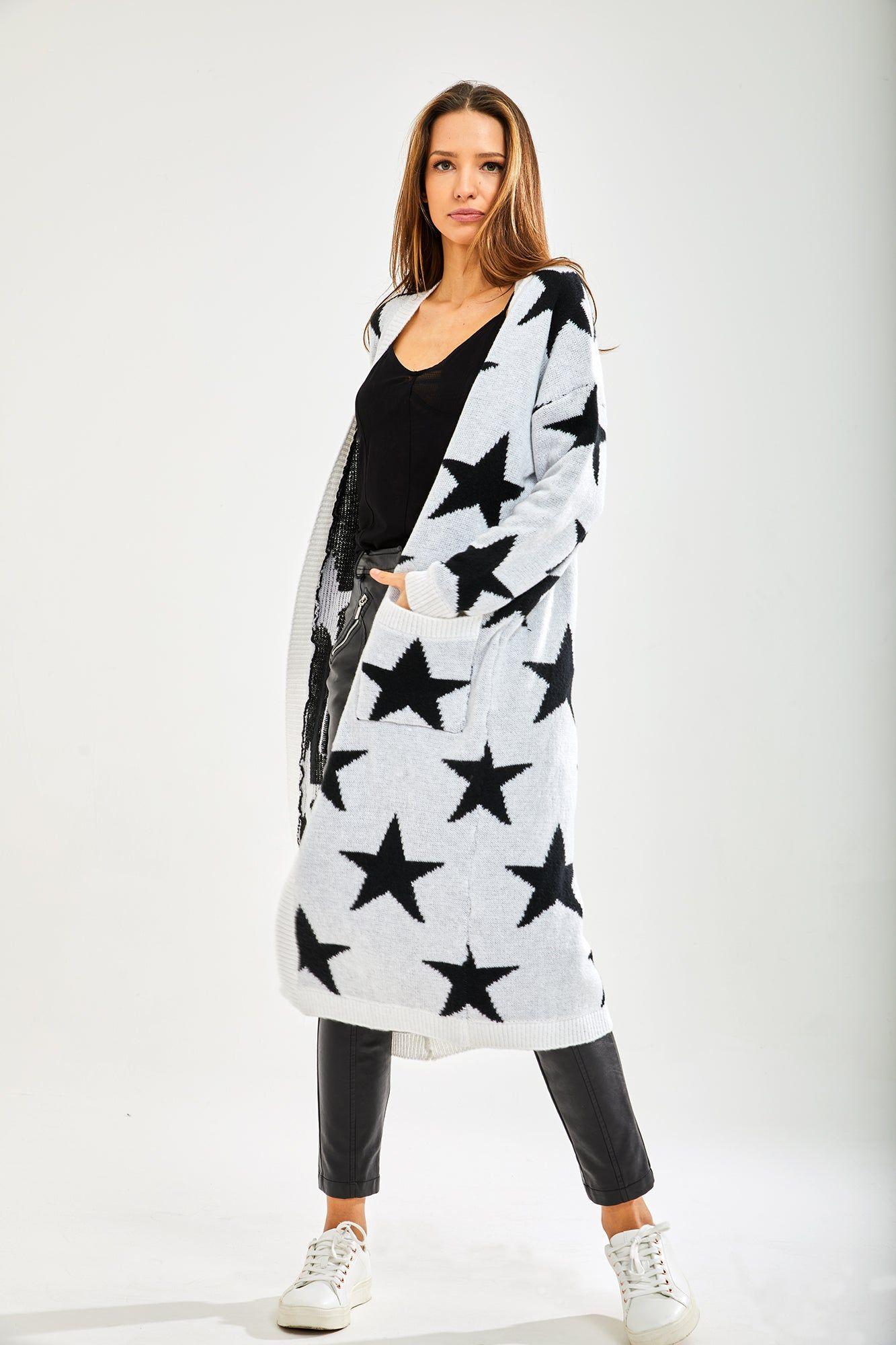 Star Pattern Long Cardigan In White by LIQUORISH