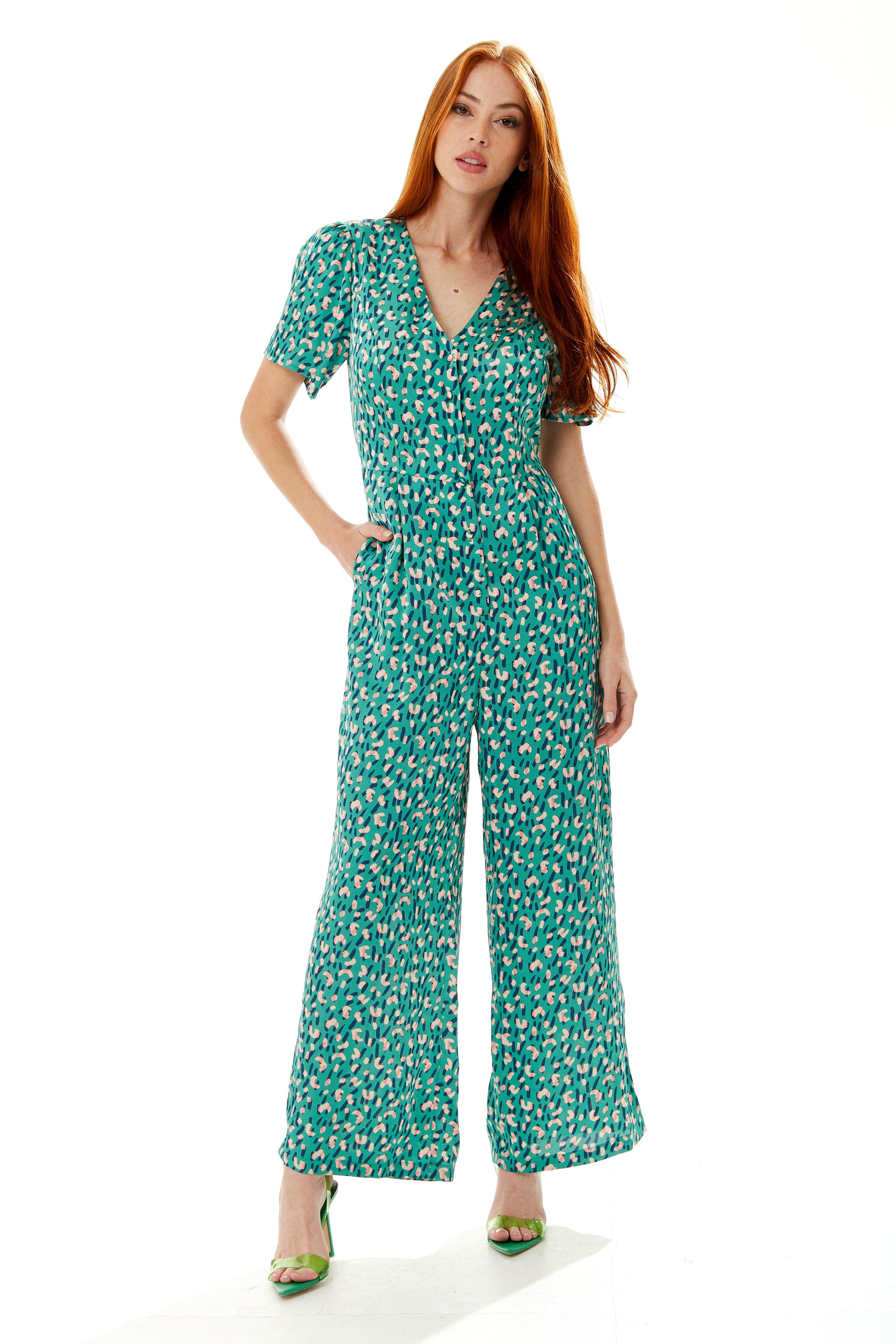 Stroke Print Jumpsuit in Green by LIQUORISH