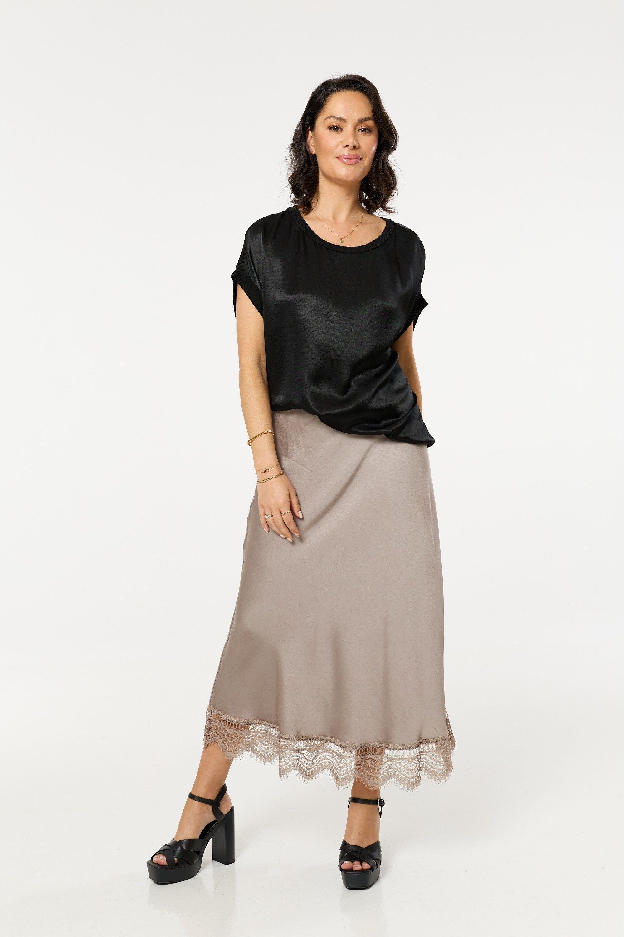 Taupe Lace Trim Satin Maxi Skirt by LIQUORISH