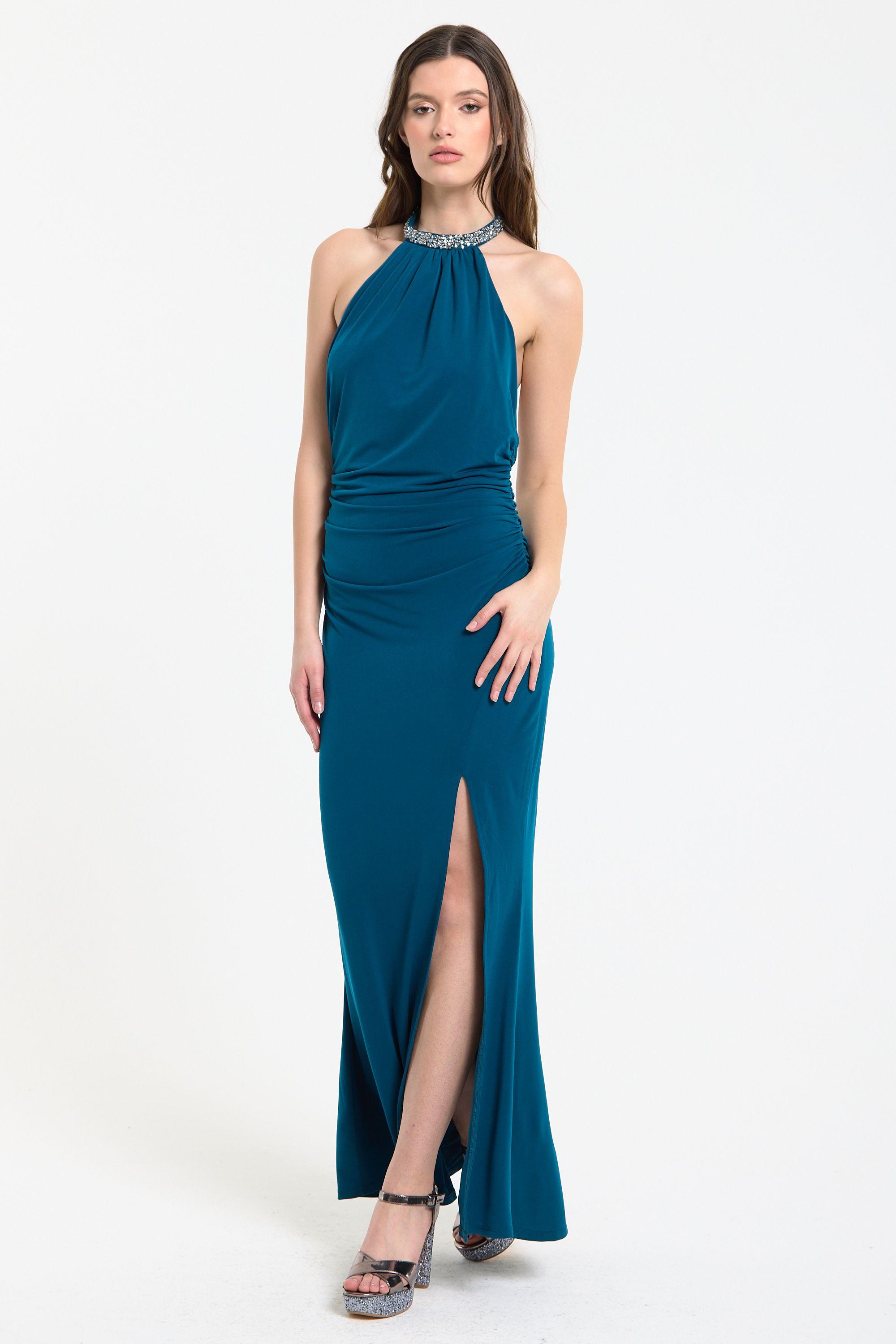 Teal Embellished Halter Neck Maxi Dress by LIQUORISH