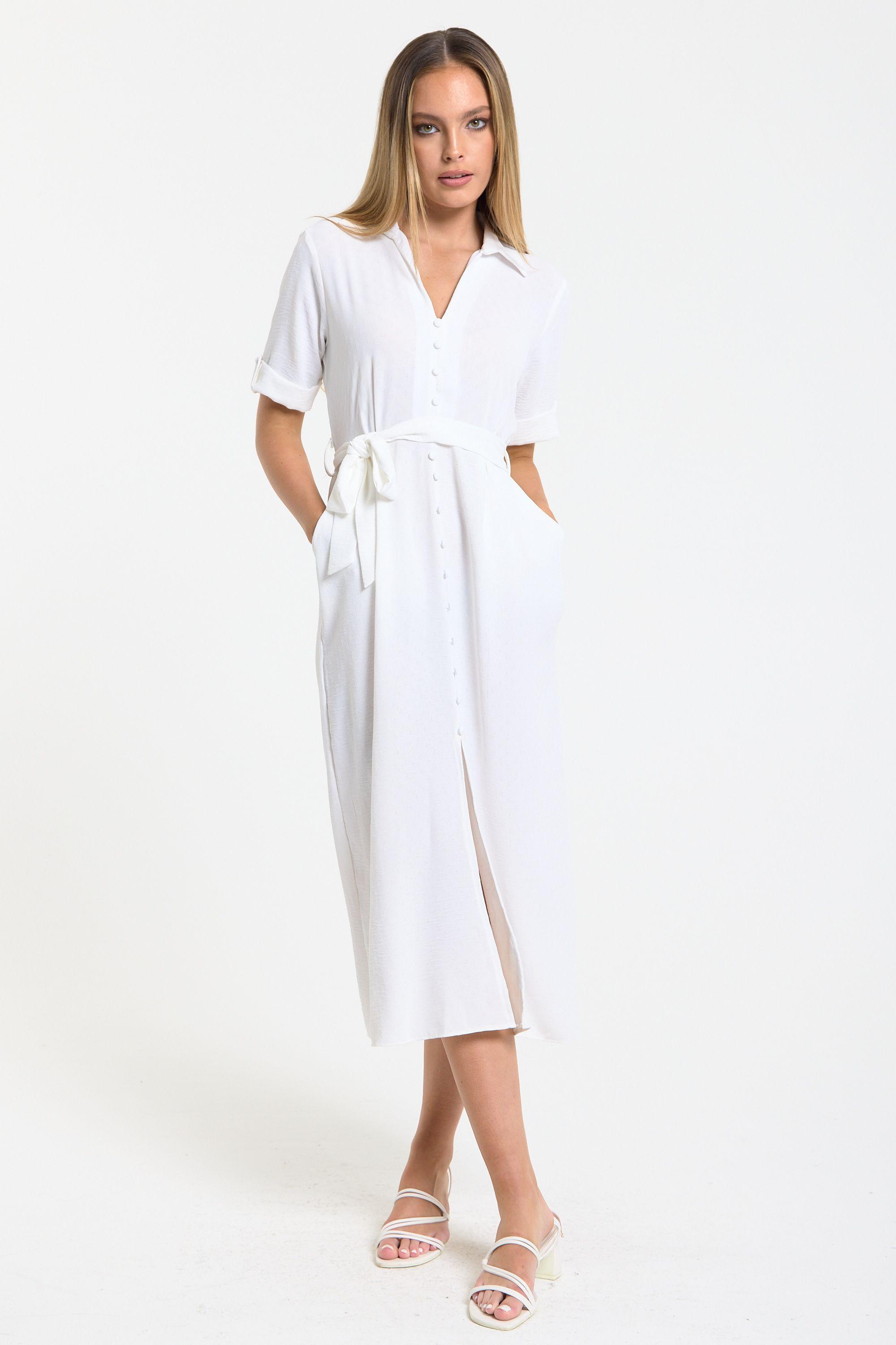 White Button Front Midi Shirt Dress by LIQUORISH