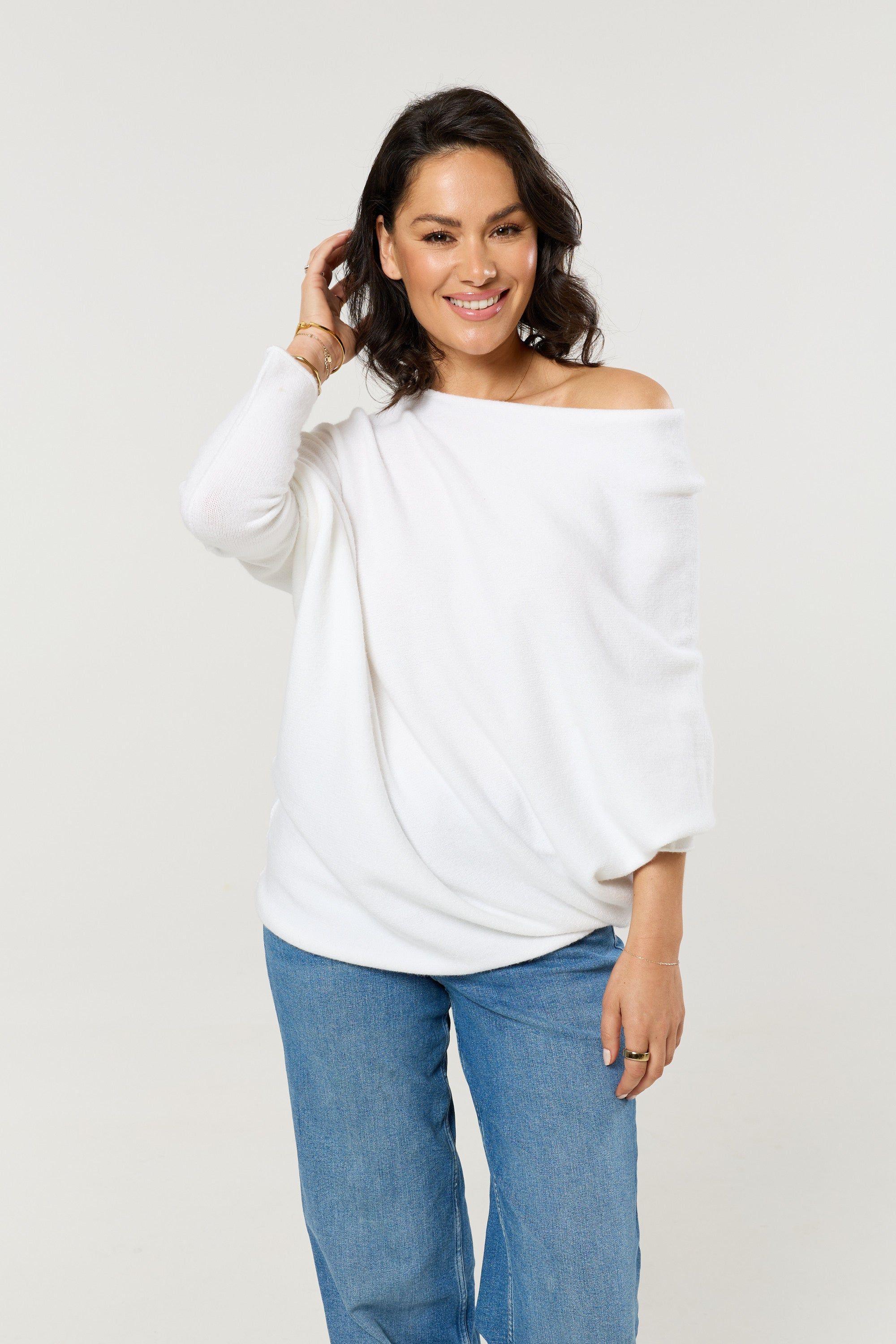 White Off Shoulder Batwing Knit Jumper by LIQUORISH