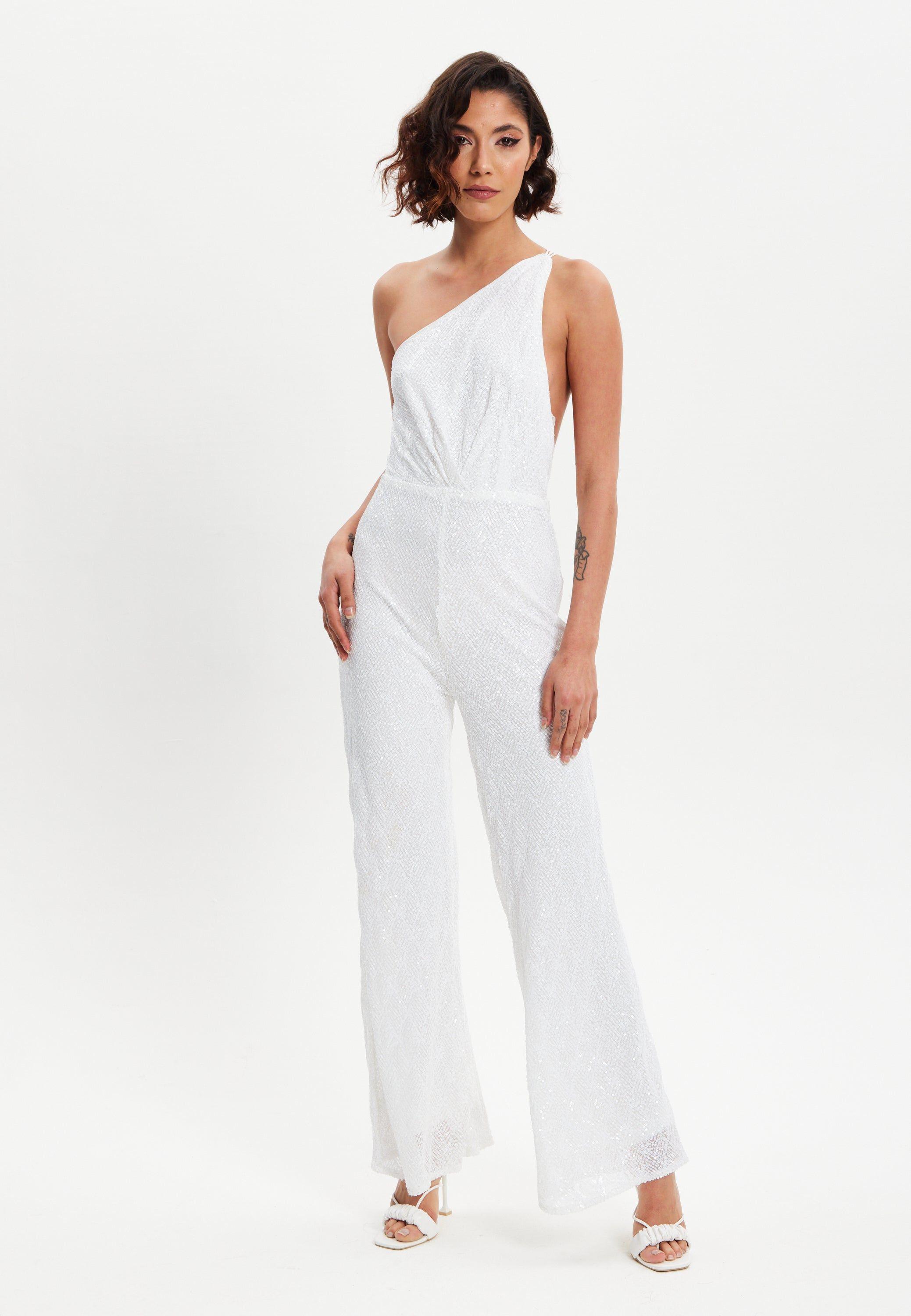 White Sequin Jersey One Shoulder Jumpsuit by LIQUORISH