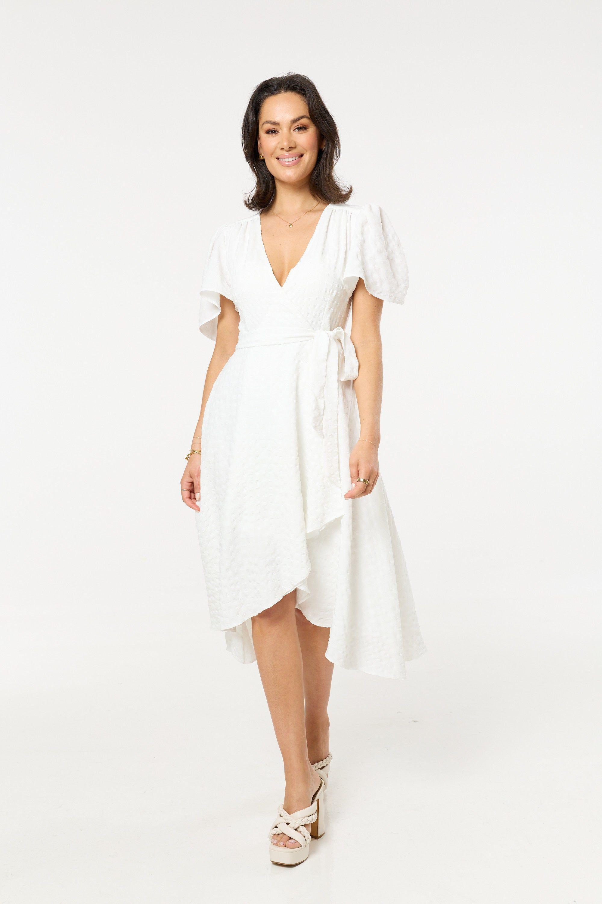 White Wrap Midi Dress with Flutter Sleeves by LIQUORISH