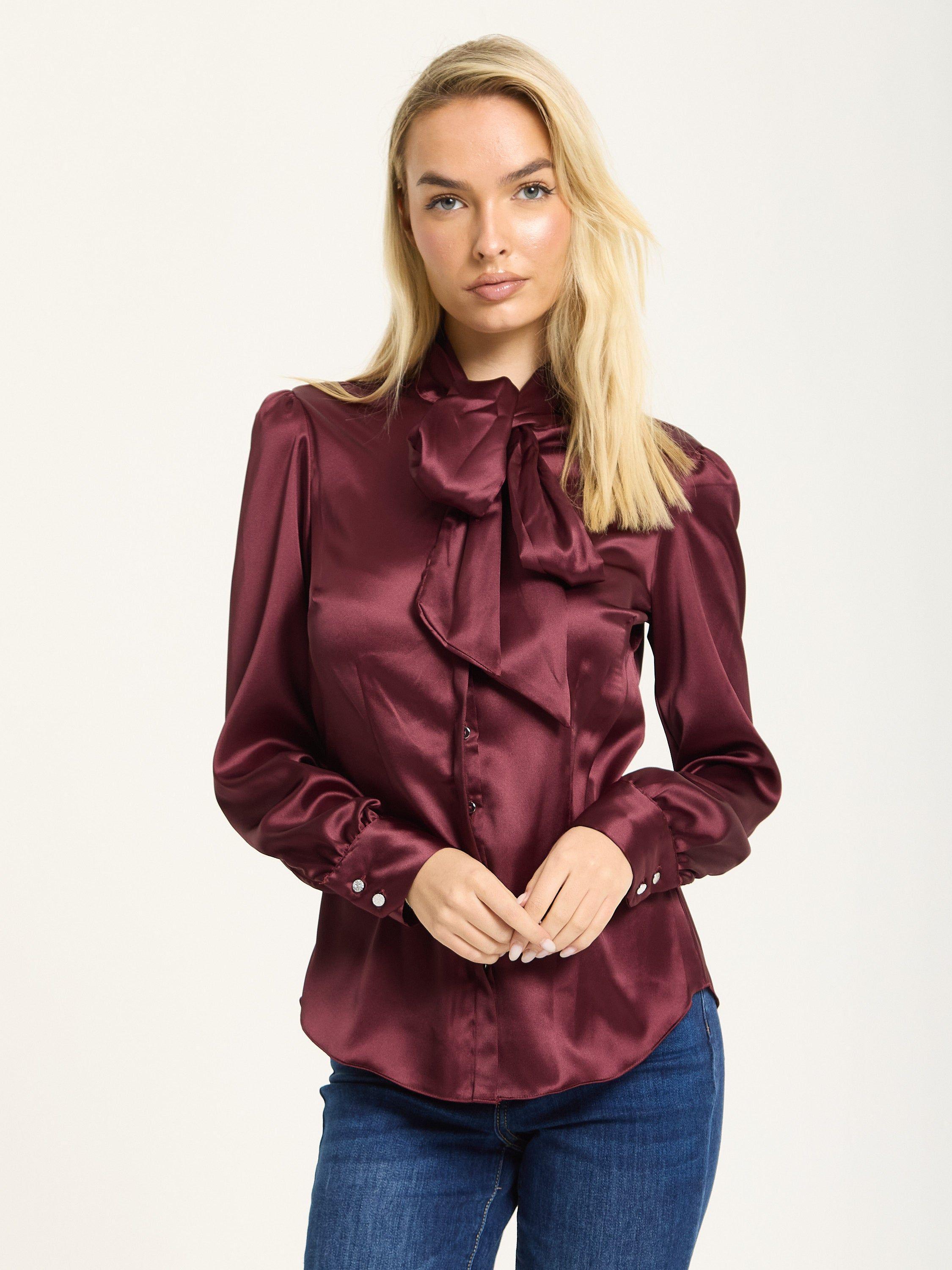 Wine Satin Pussybow Silver Button Shirt by LIQUORISH
