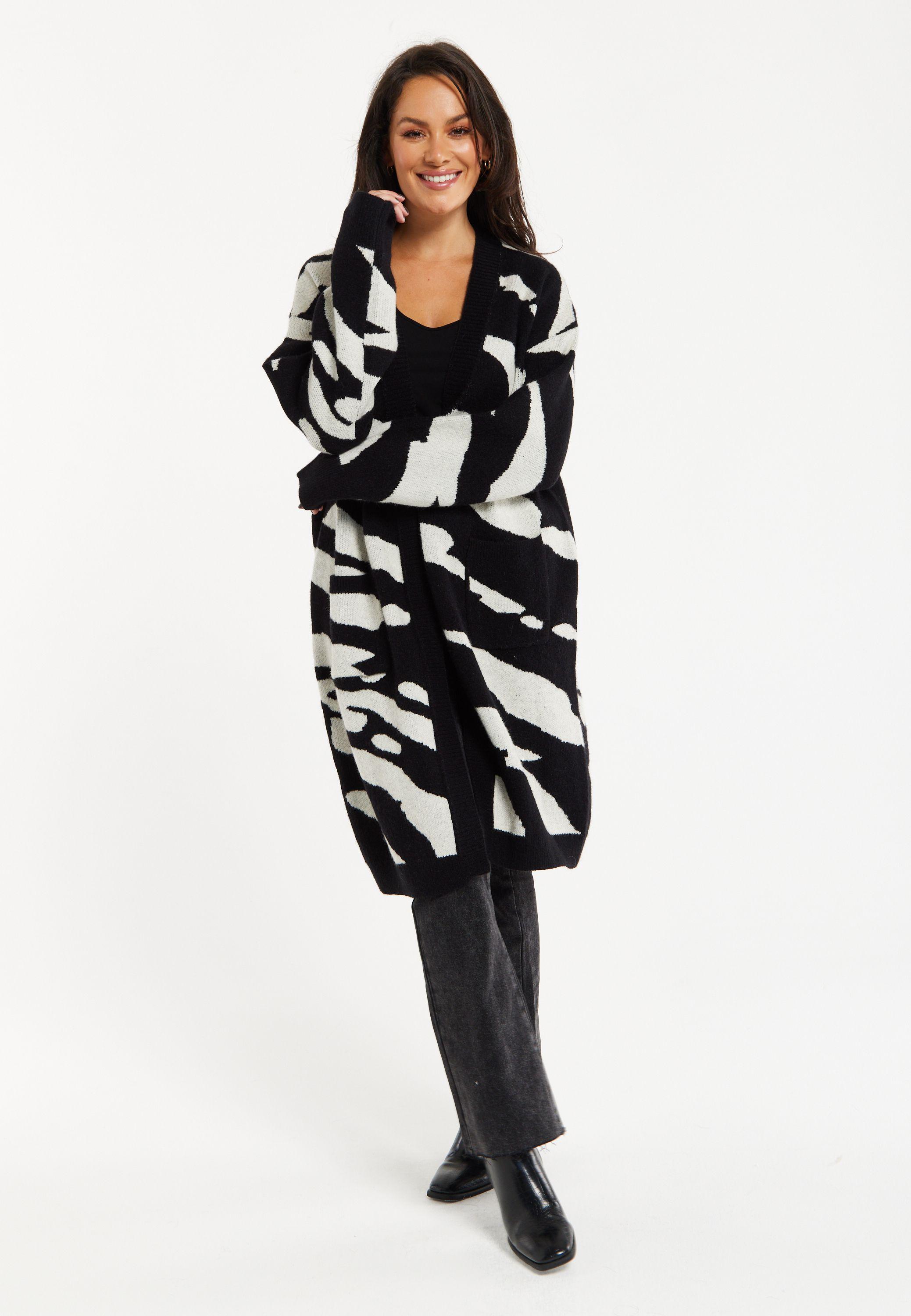Zebra-Print Long Open Cardigan in Black&White by LIQUORISH