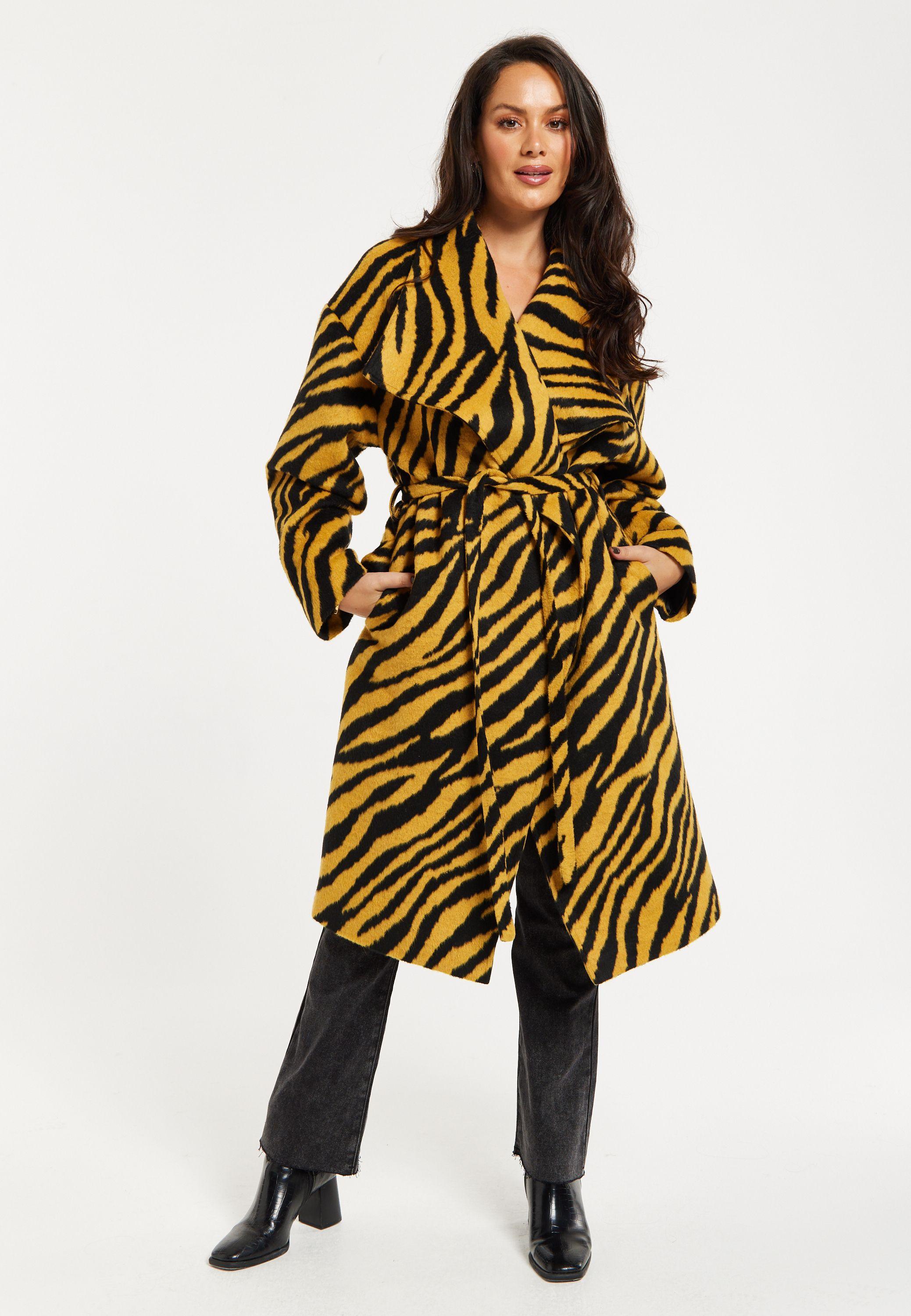Zebra Print Longline Coat In Mustard And Black by LIQUORISH