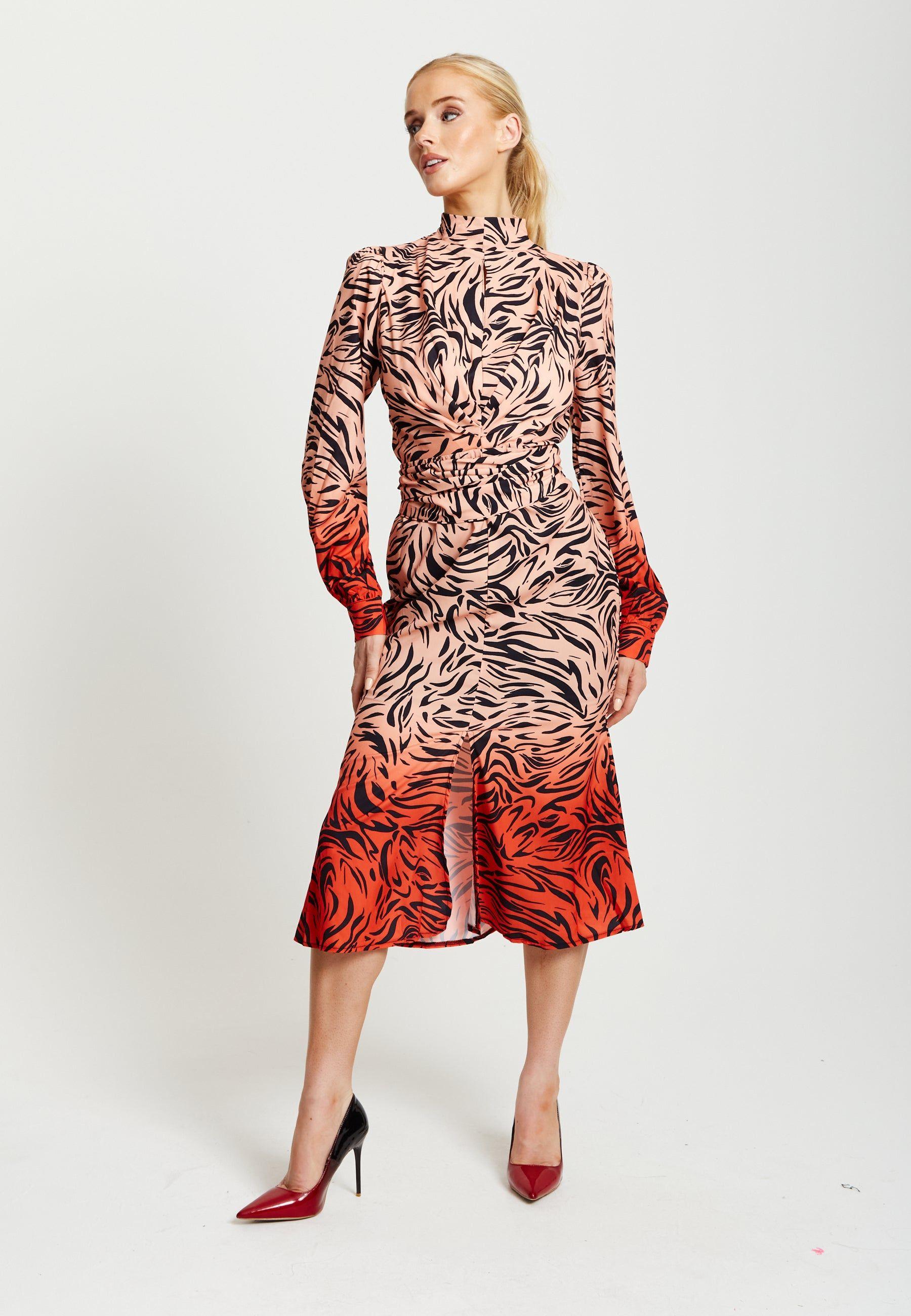 Zebra Print Midi Dress With High Neck And Draped Waist Detail In Orange And Nude by LIQUORISH