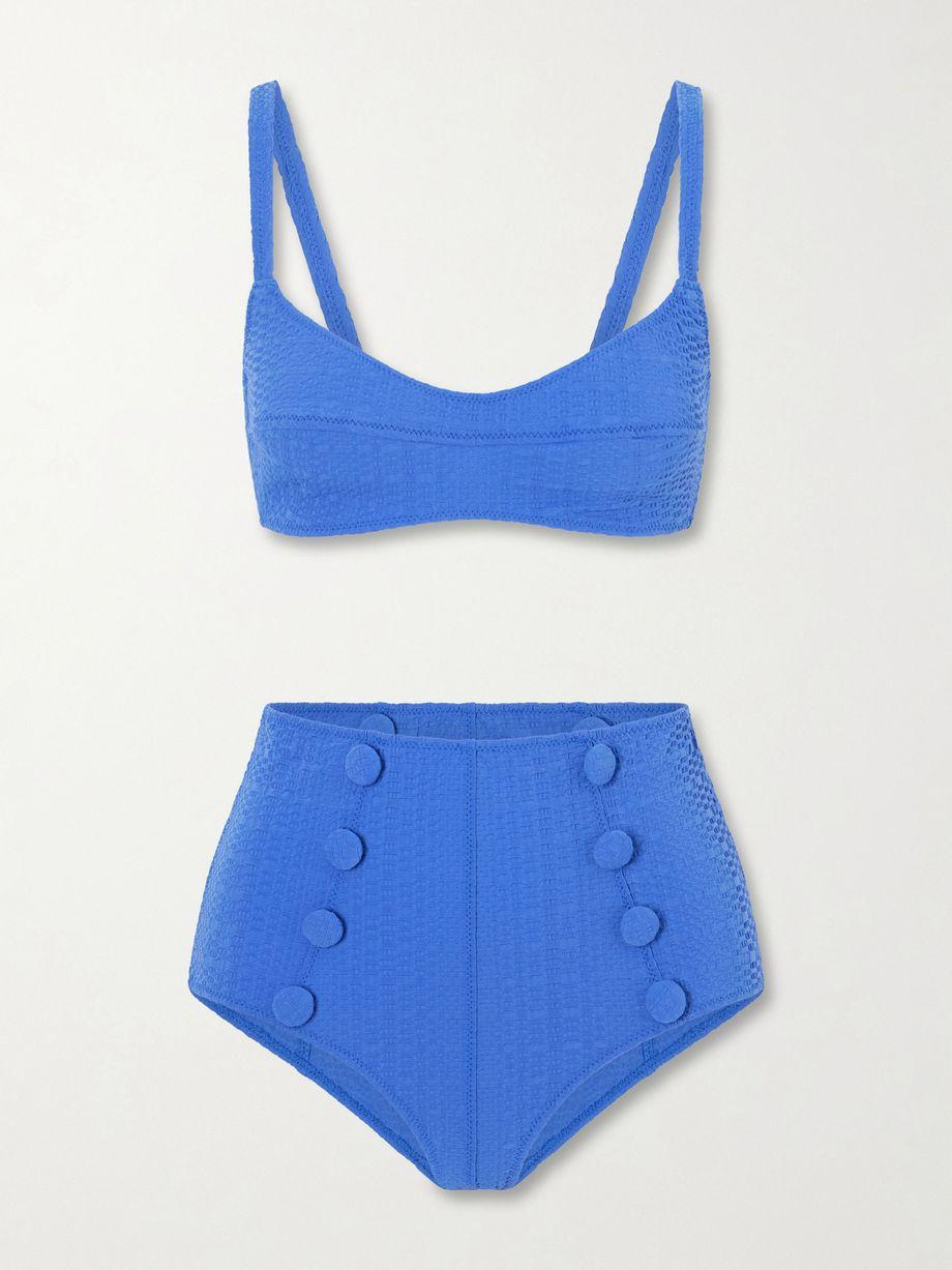 Button-embellished seersucker balconette bikini by LISA MARIE FERNANDEZ