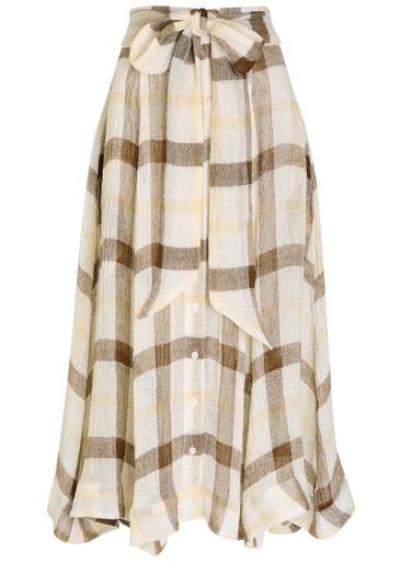 Checked belted linen-blend midi skirt by LISA MARIE FERNANDEZ