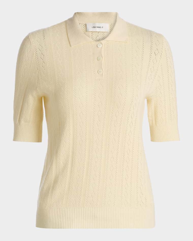 Cristine Cashmere Pointelle Short-Sleeve Polo Sweater by LISA YANG