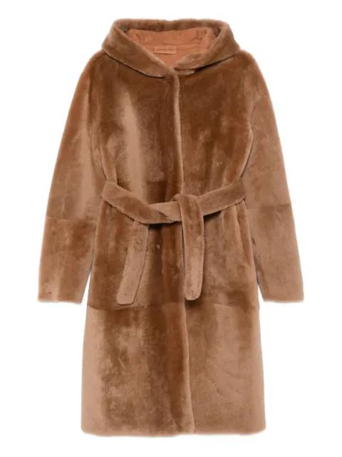 hoodied belted faux-fur coat by LISKA