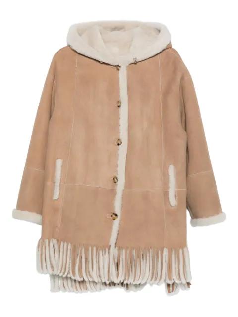 hoodied fringed shearling coat by LISKA