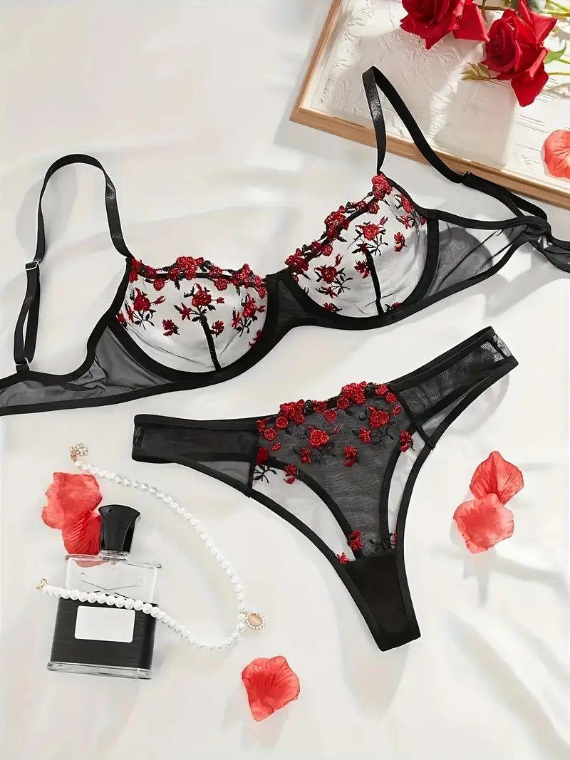 Valentines Floral Embroidery Mesh Cami Bra & Panties by LITTLE NOOKS