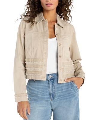 Denim Trucker Jacket with Fray and Lace in Safari Sand by LIVERPOOL LOS ANGELES
