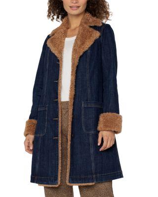Sherpa Trimmed Notch Collar Denim Jacket by LIVERPOOL LOS ANGELES