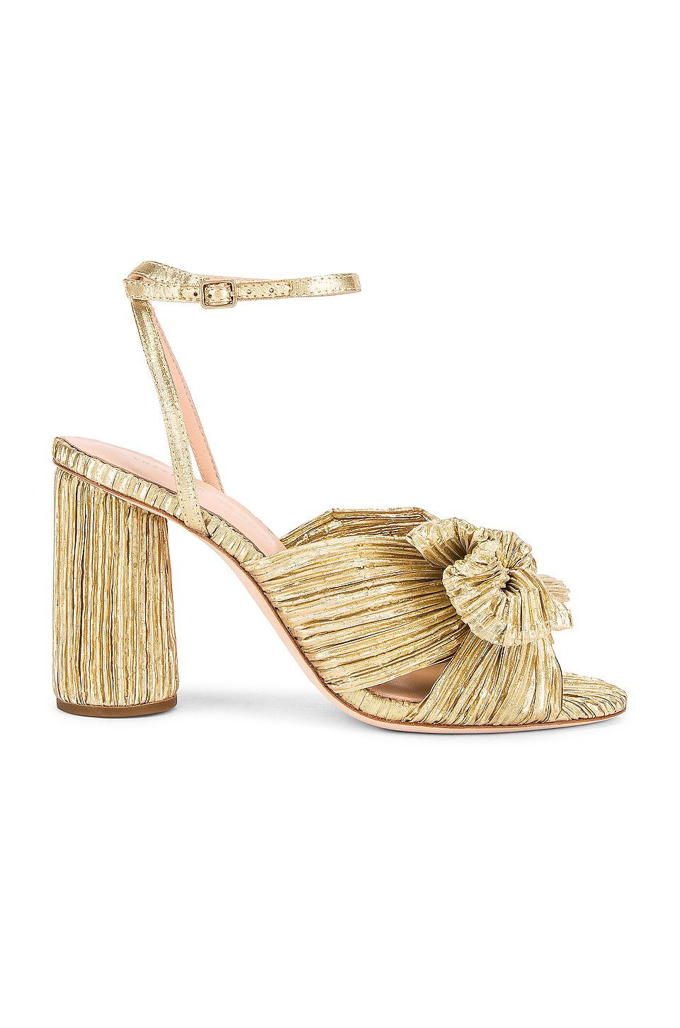 Loeffler Randall Camellia Bow Heel With Ankle Strap in Metallic Gold by LOEFFLER RANDALL