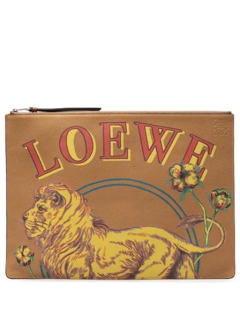 2018 Paulas Ibiza Leather Lion and Floral Print clutch bag by LOEWE 