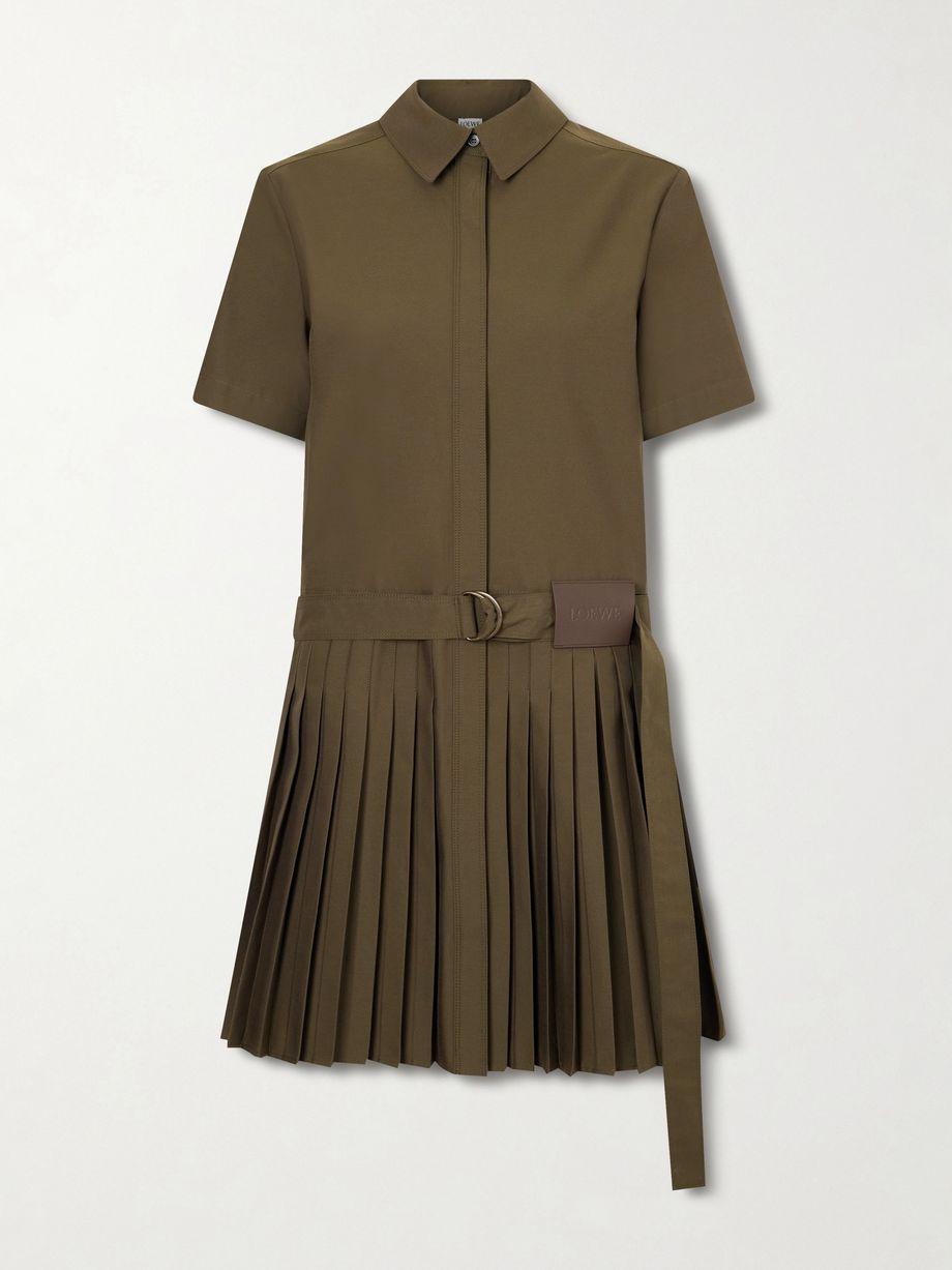 Belted pleated cotton-blend mini shirt dress by LOEWE