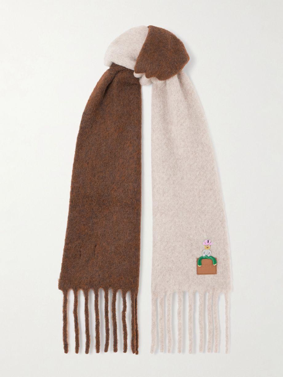 Crystal-embellished embroidered appliquéd fringed alpaca-blend scarf by LOEWE