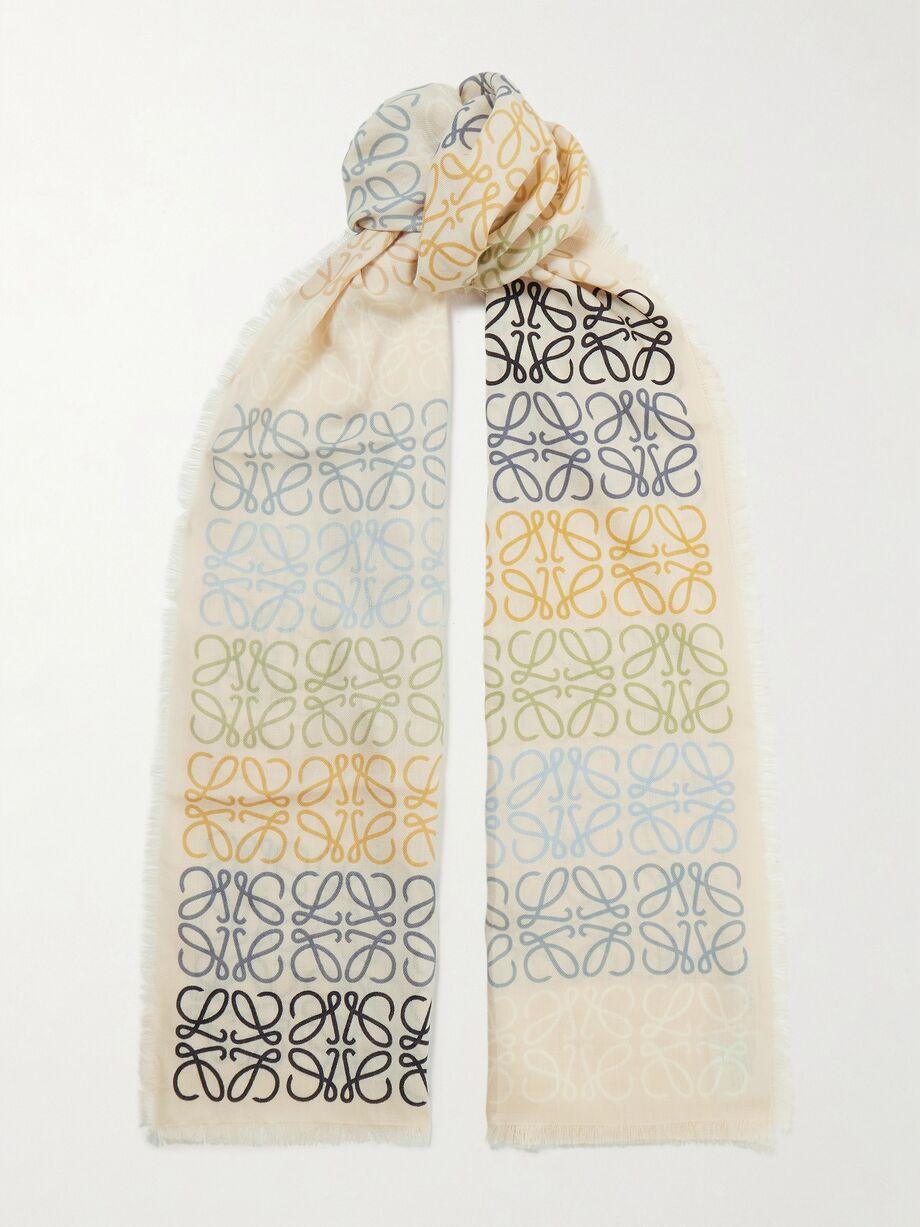 Fringed printed wool, silk and cashmere-blend scarf by LOEWE