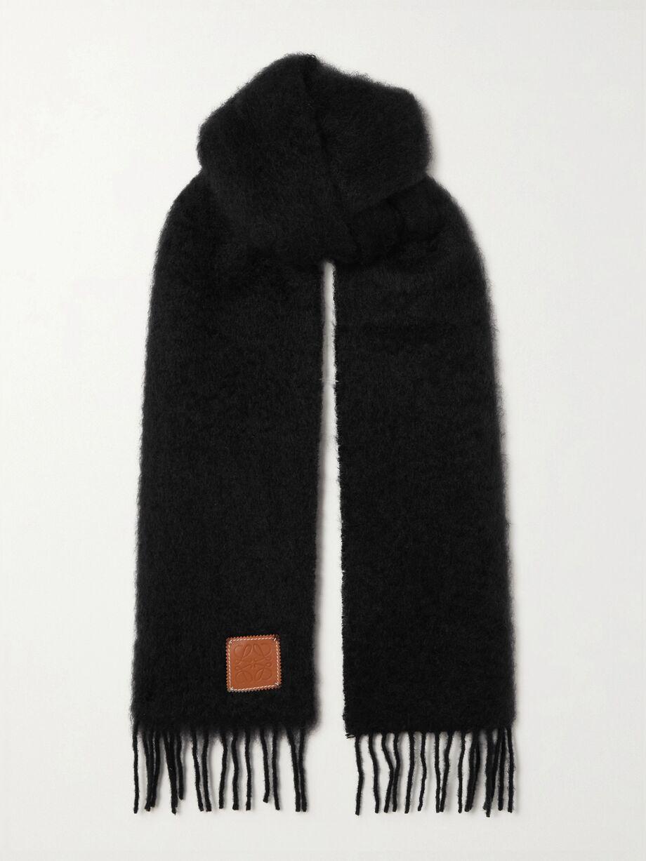 Leather-trimmed fringed mohair-blend scarf by LOEWE