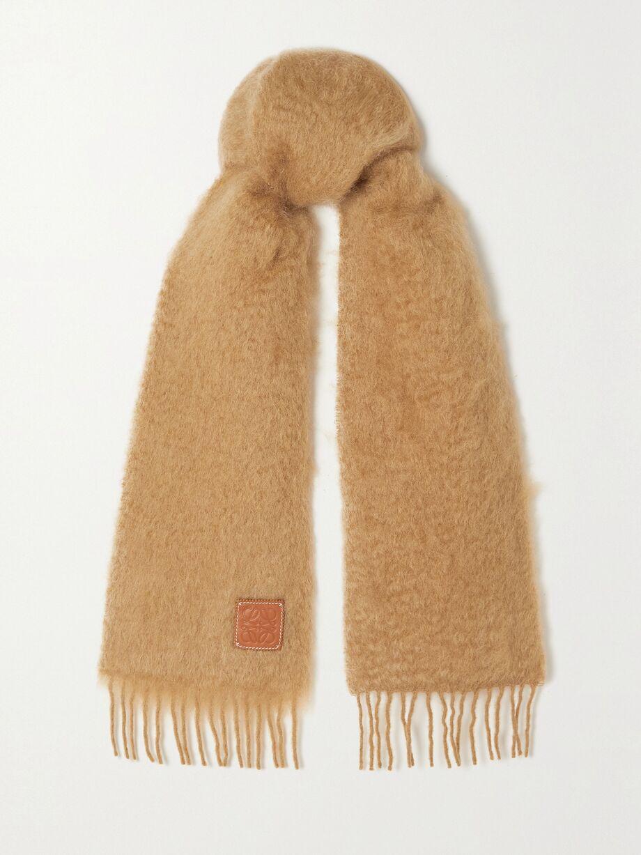 Leather-trimmed fringed mohair-blend scarf by LOEWE