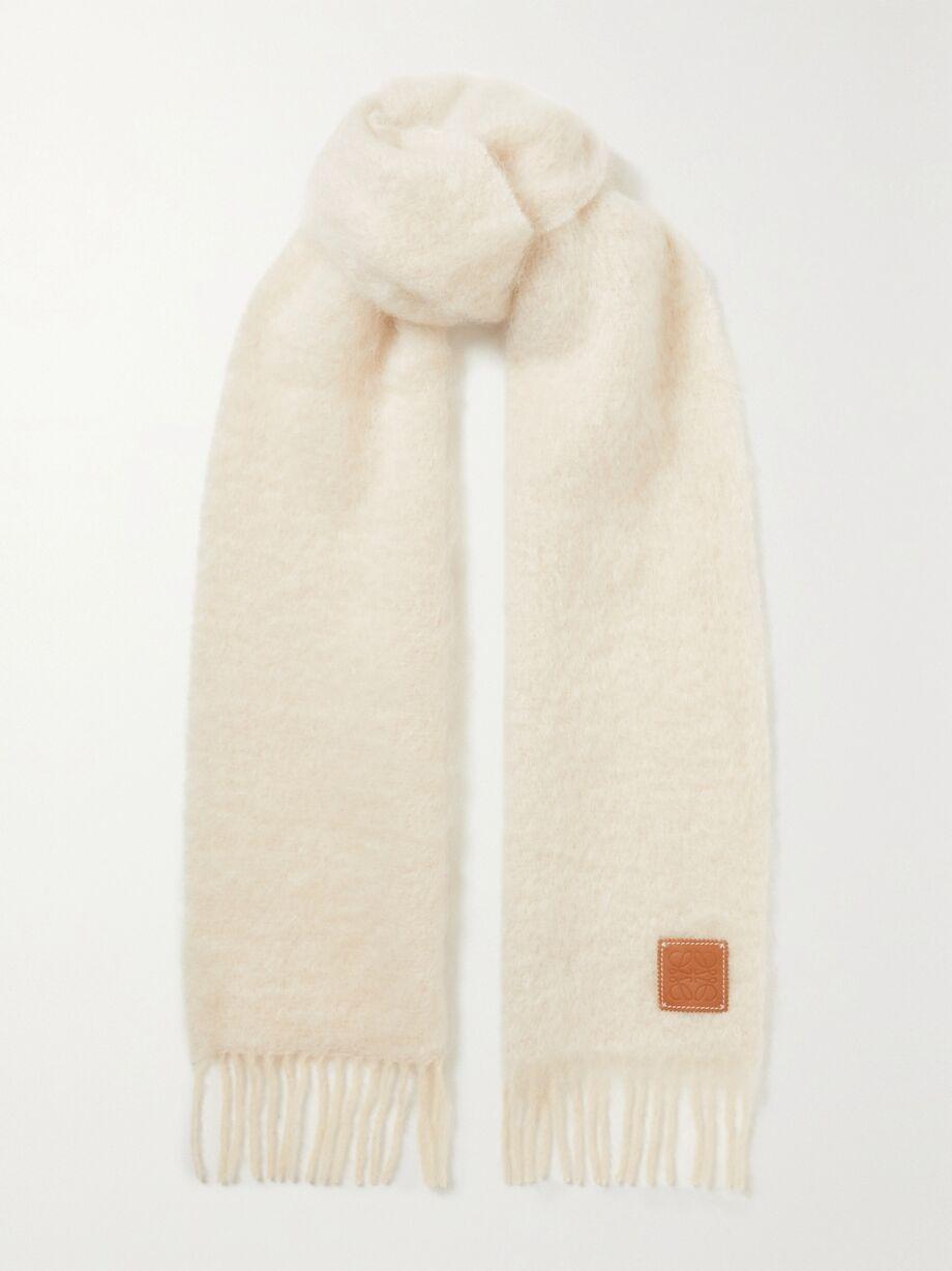Leather-trimmed fringed mohair-blend scarf by LOEWE