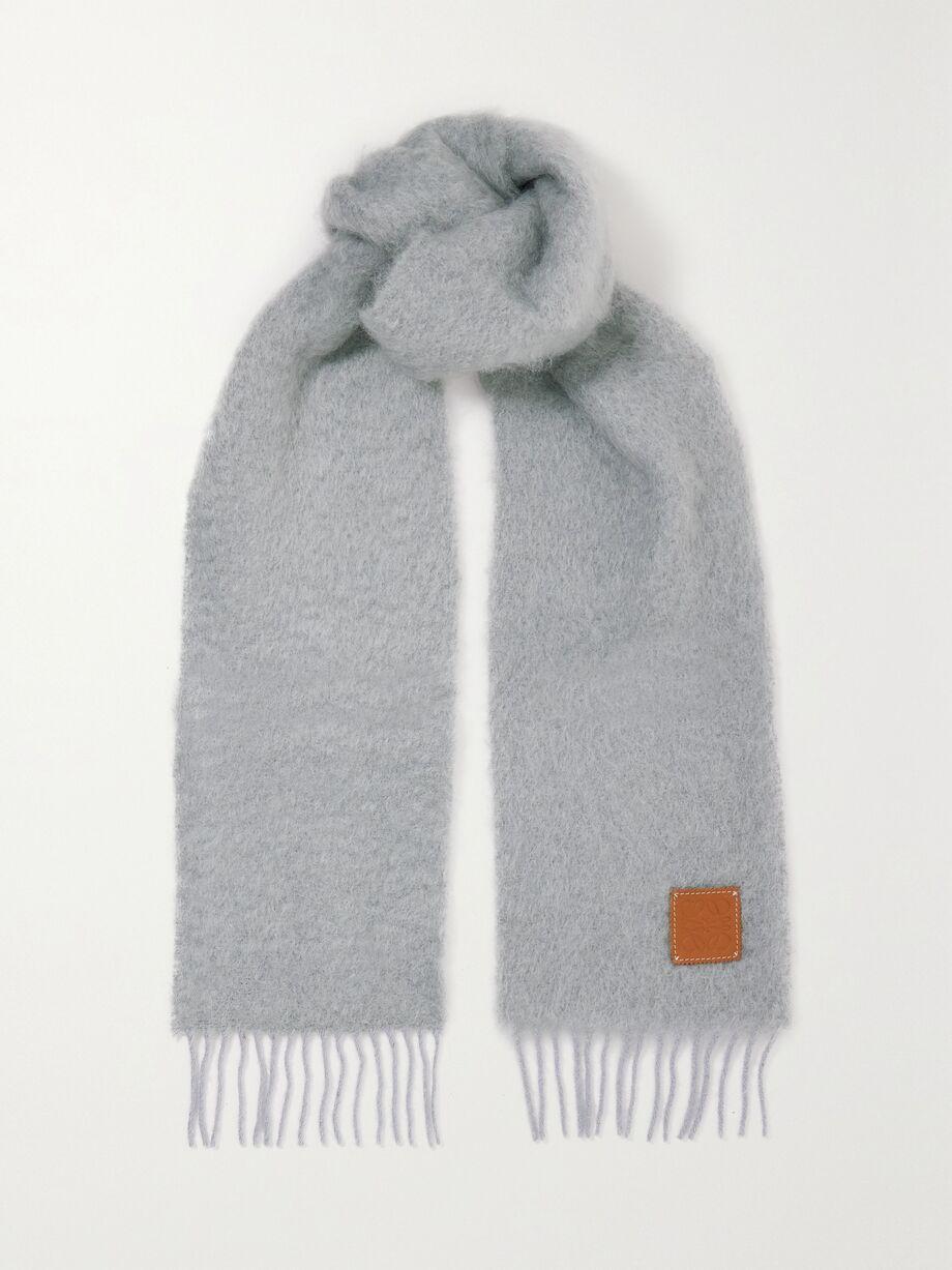 Leather-trimmed fringed mohair-blend scarf by LOEWE