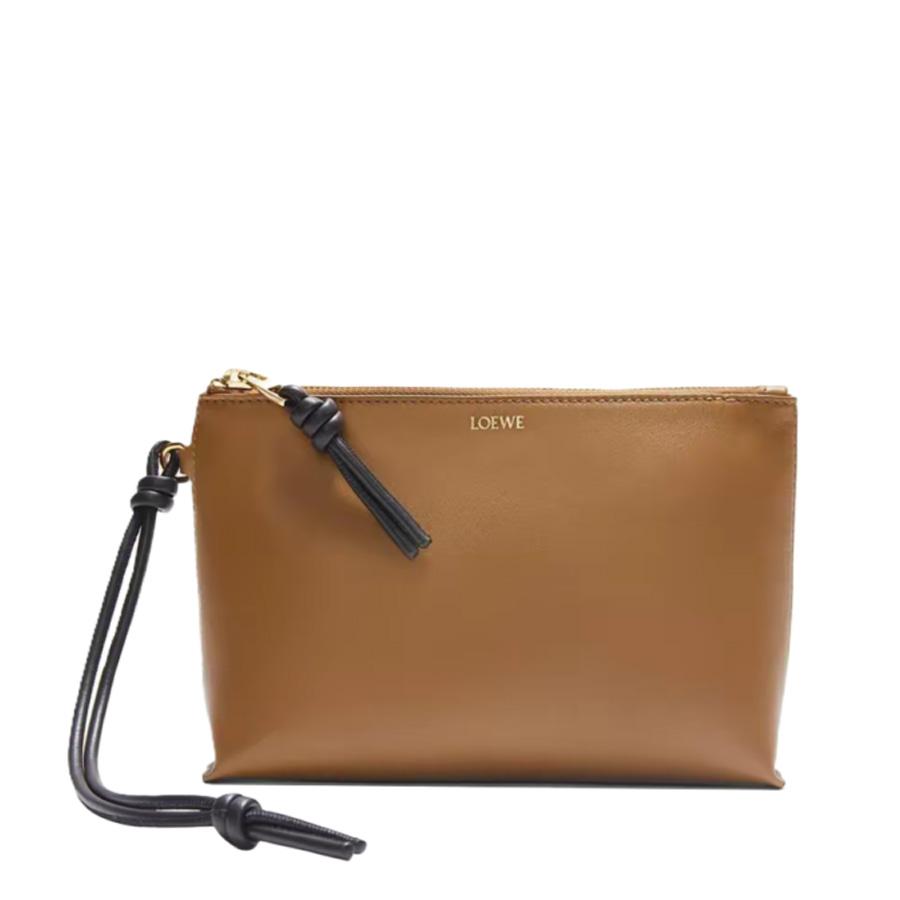 Loewe Knot T Calfskin Pouch In Oak / Black by LOEWE