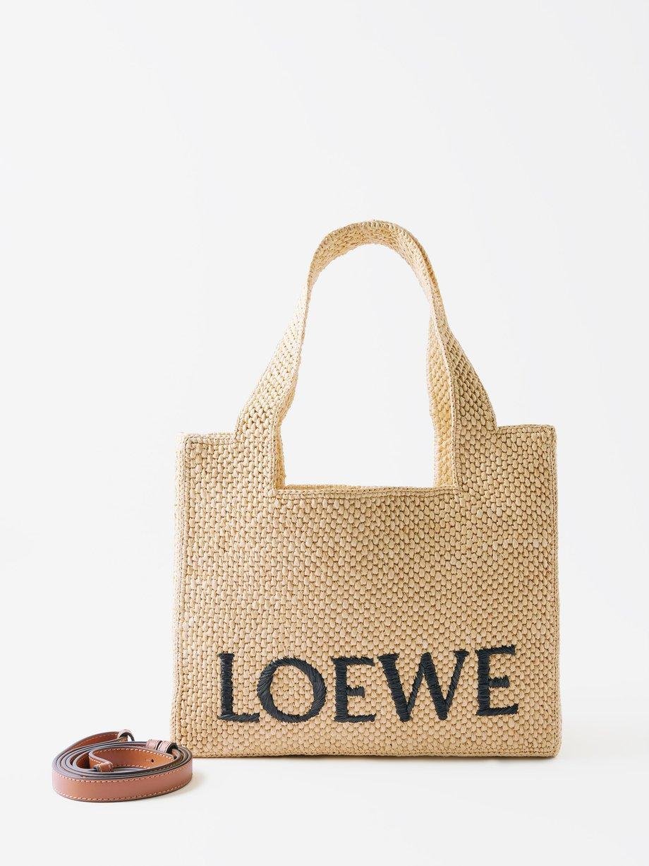 Logo-jacquard raffia leather-trim tote bag by LOEWE
