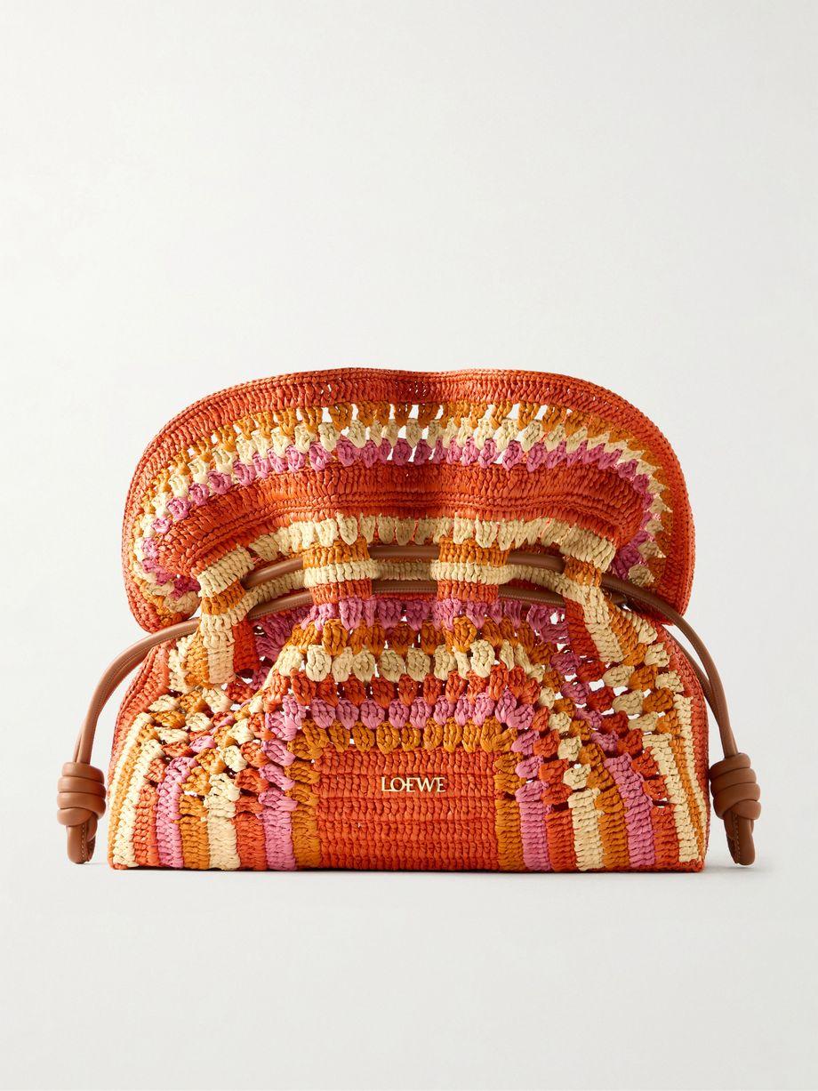 + Paula's Ibiza Flamenco mini leather-trimmed crocheted raffia clutch by LOEWE