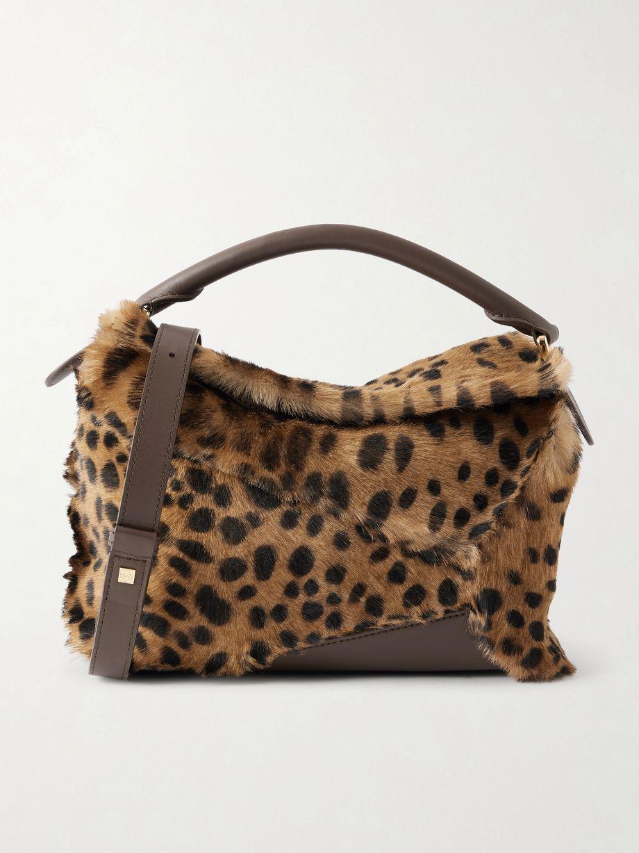 Puzzle Edge small leather-trimmed leopard-print shearling shoulder bag by LOEWE