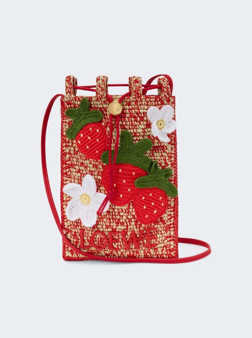 Strawberry Drawstring Pocket Pouch Red Raffia  | The Webster by LOEWE