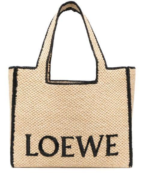 logo-lettering raffia tote bag by LOEWE
