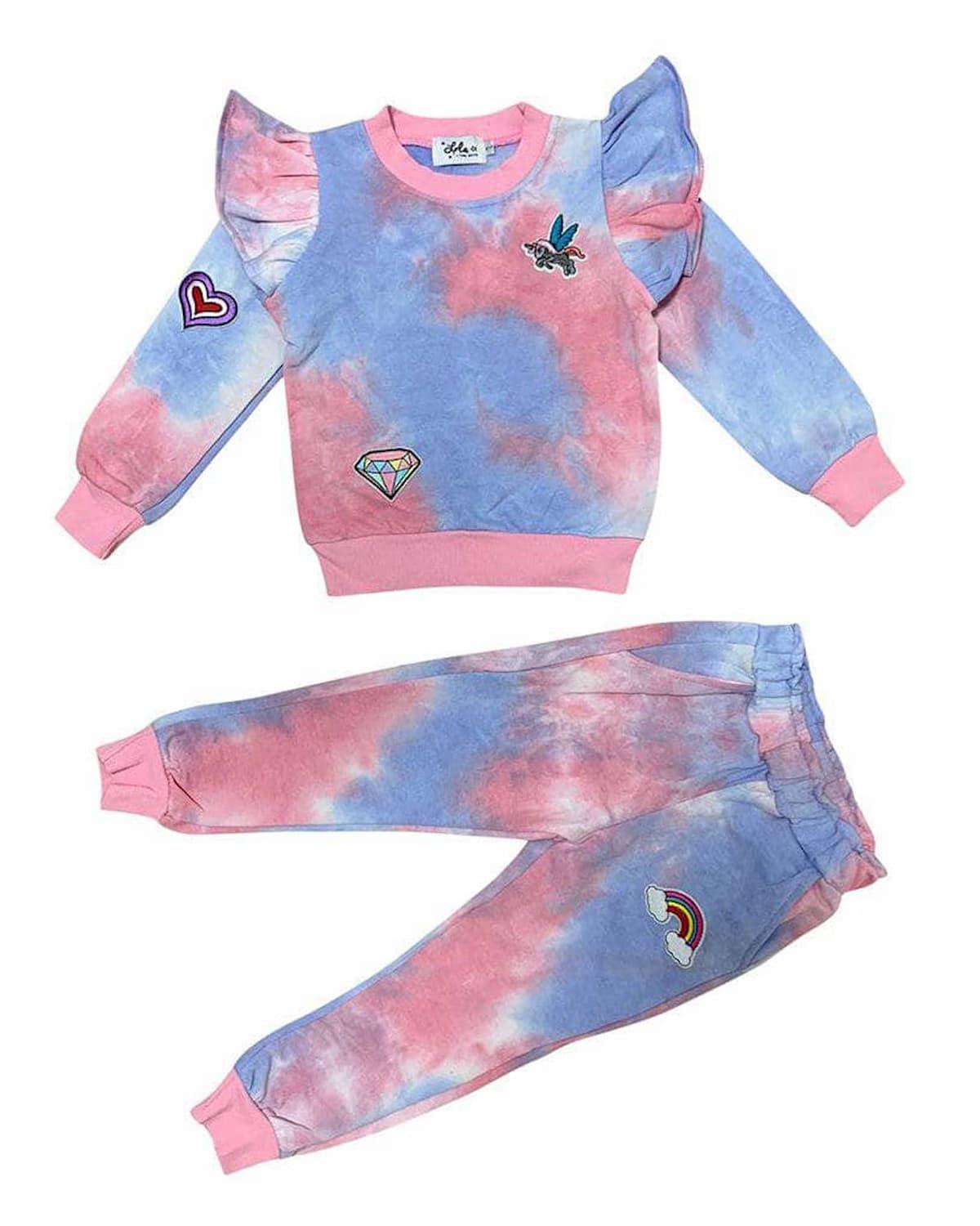 Girl's 2-Piece Tie-Dye Ruffle Sweater Set w/ Embroidered Patches, Size 2-14 by LOLA + THE BOYS