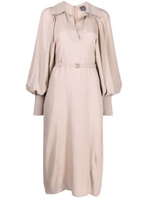 spread-collar belted midi dress by LORENA ANTONIAZZI