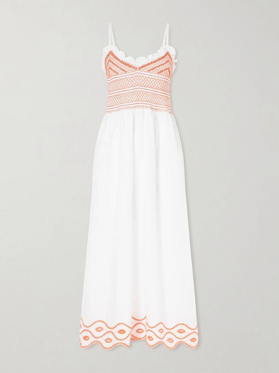 Bianca ruffled emrboidered shirred cotton-poplin midi dress by LORETTA CAPONI