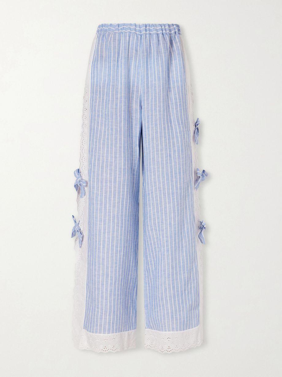 Clarissa bow-embellished striped broderie anglaise-trimmed linen straight-leg pants by LORETTA CAPONI