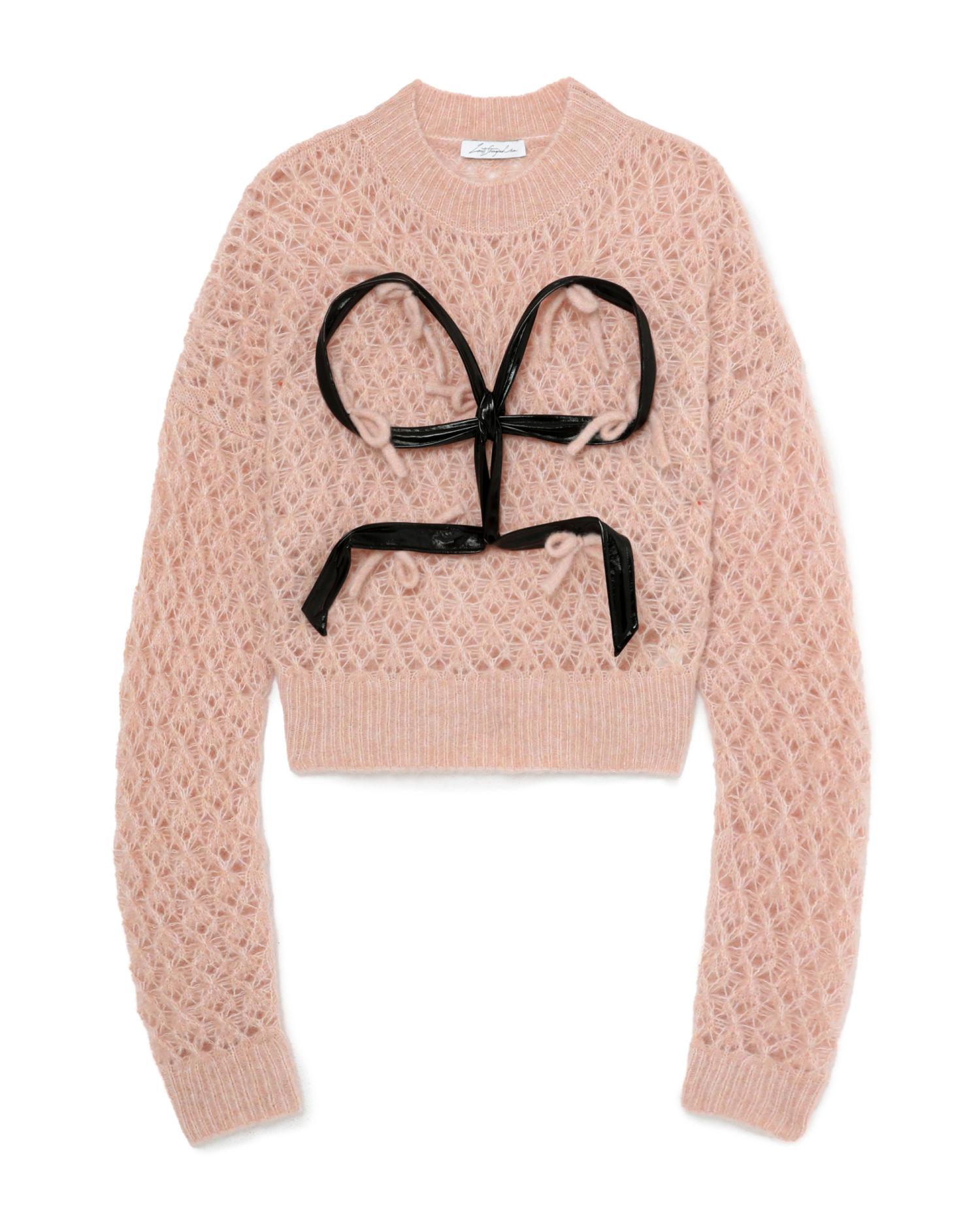 Mohair leather bow knit sweater by LOUIS SHENGTAO CHEN