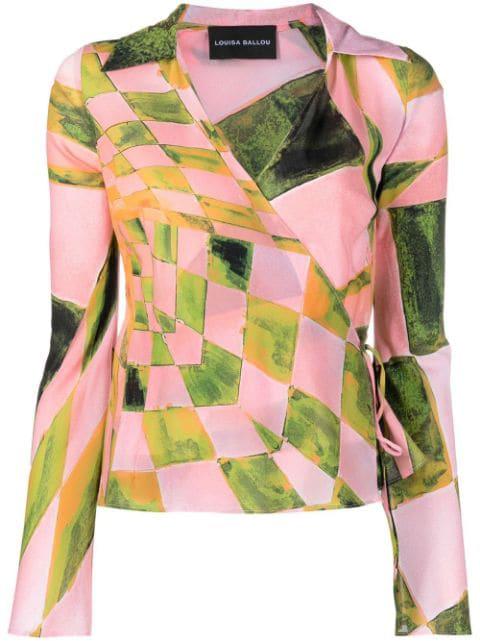 graphic-print silk-blend wrap blouse by LOUISA BALLOU