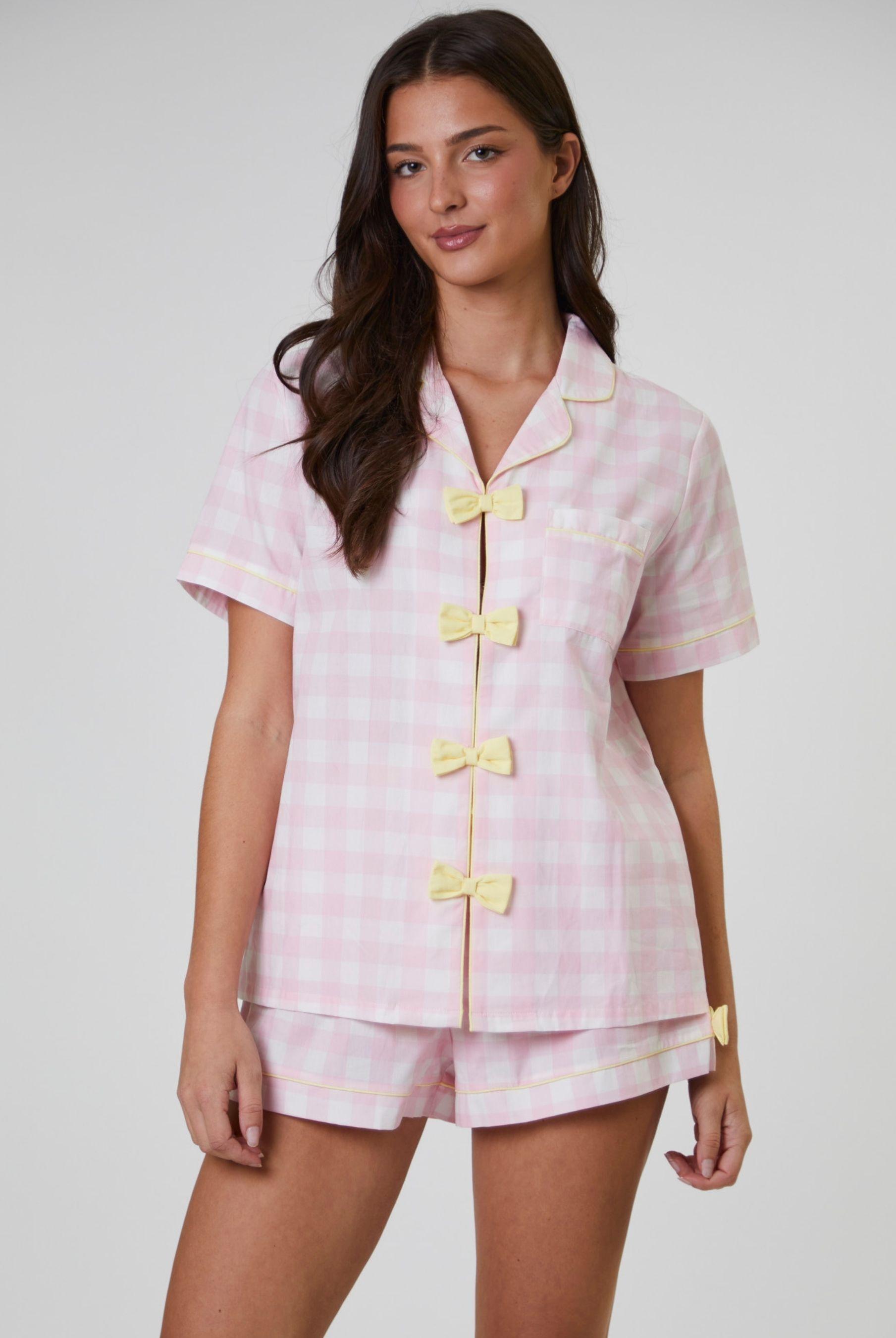 Checked Bow Detail Short Sleeve and Short Set by LOUNGEABLE