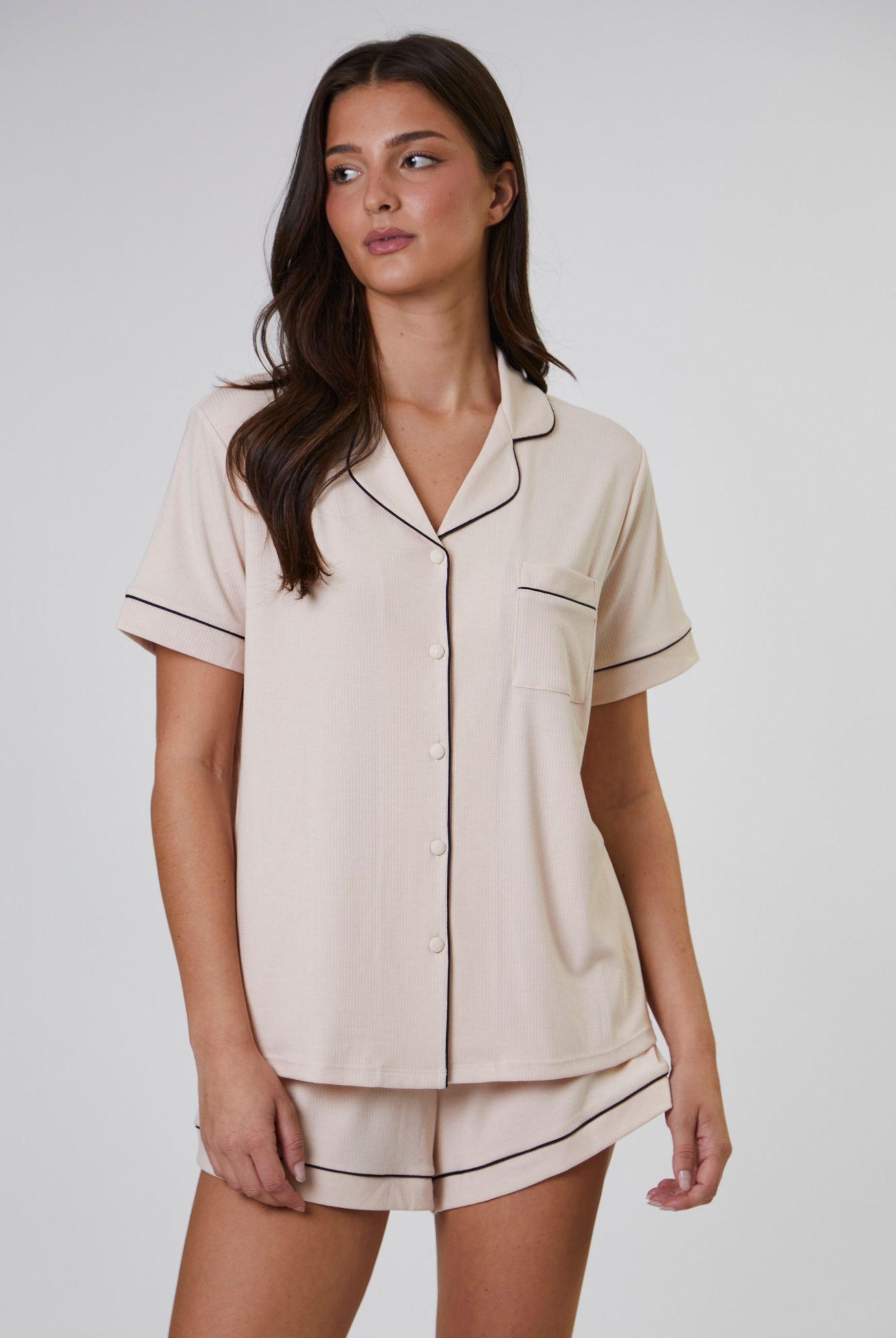 Rib Short Sleeve Traditional Shirt and Shorts by LOUNGEABLE