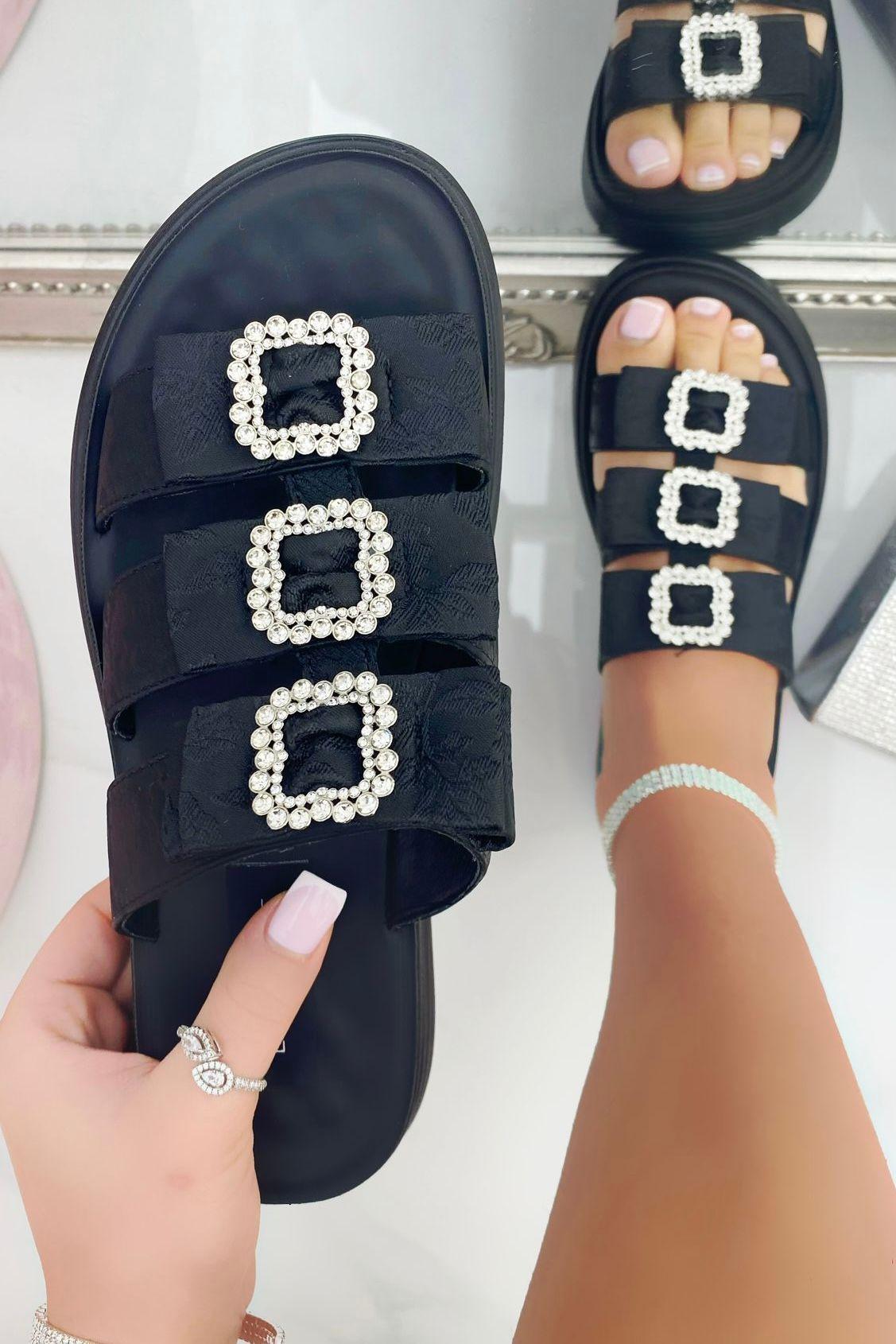 Crystal Buckle Triple Bow Sliders by LOVE LEMONADE