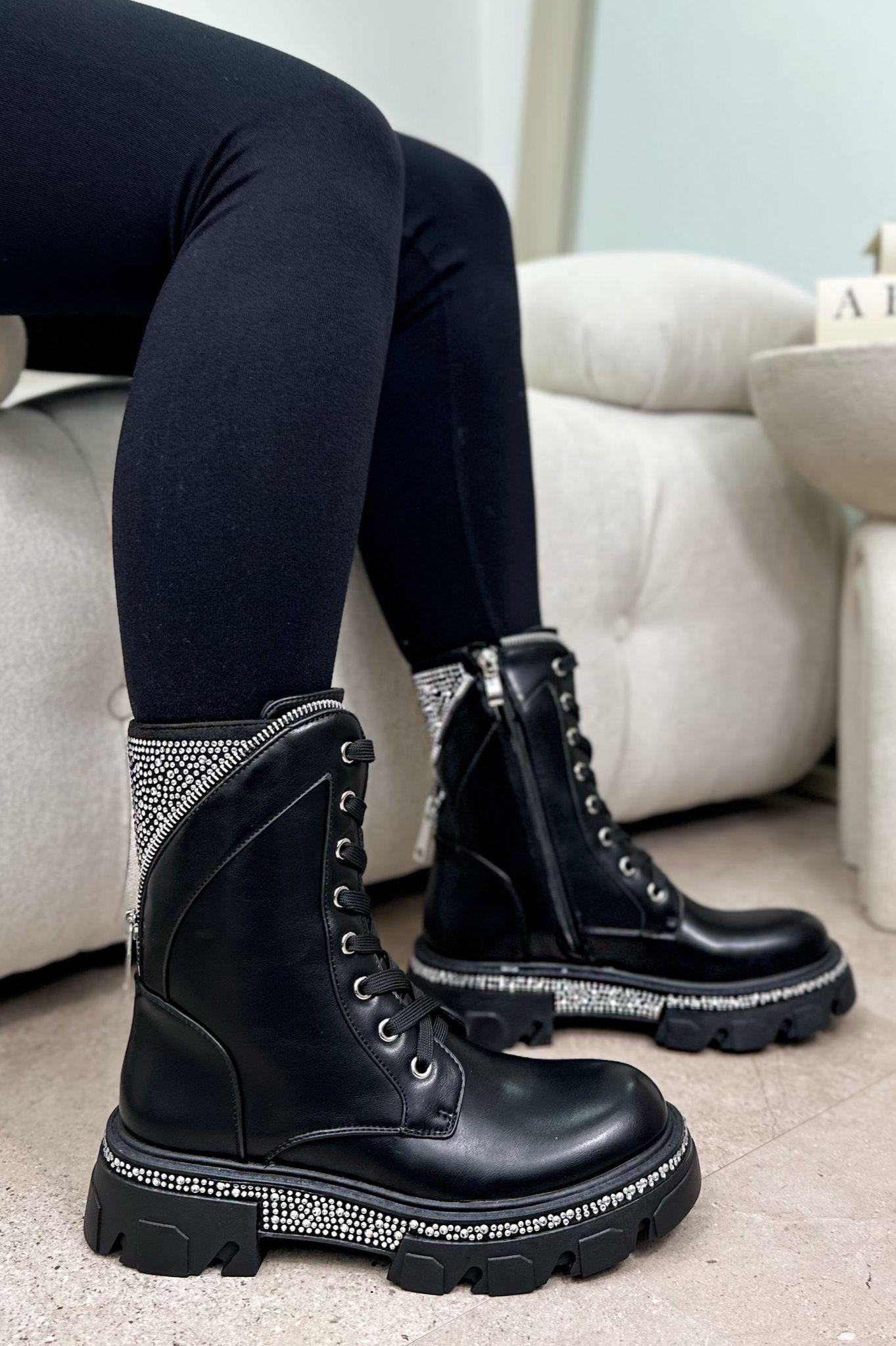 Crystal Chunky Glam Warrior Biker Boots by LOVE LEMONADE