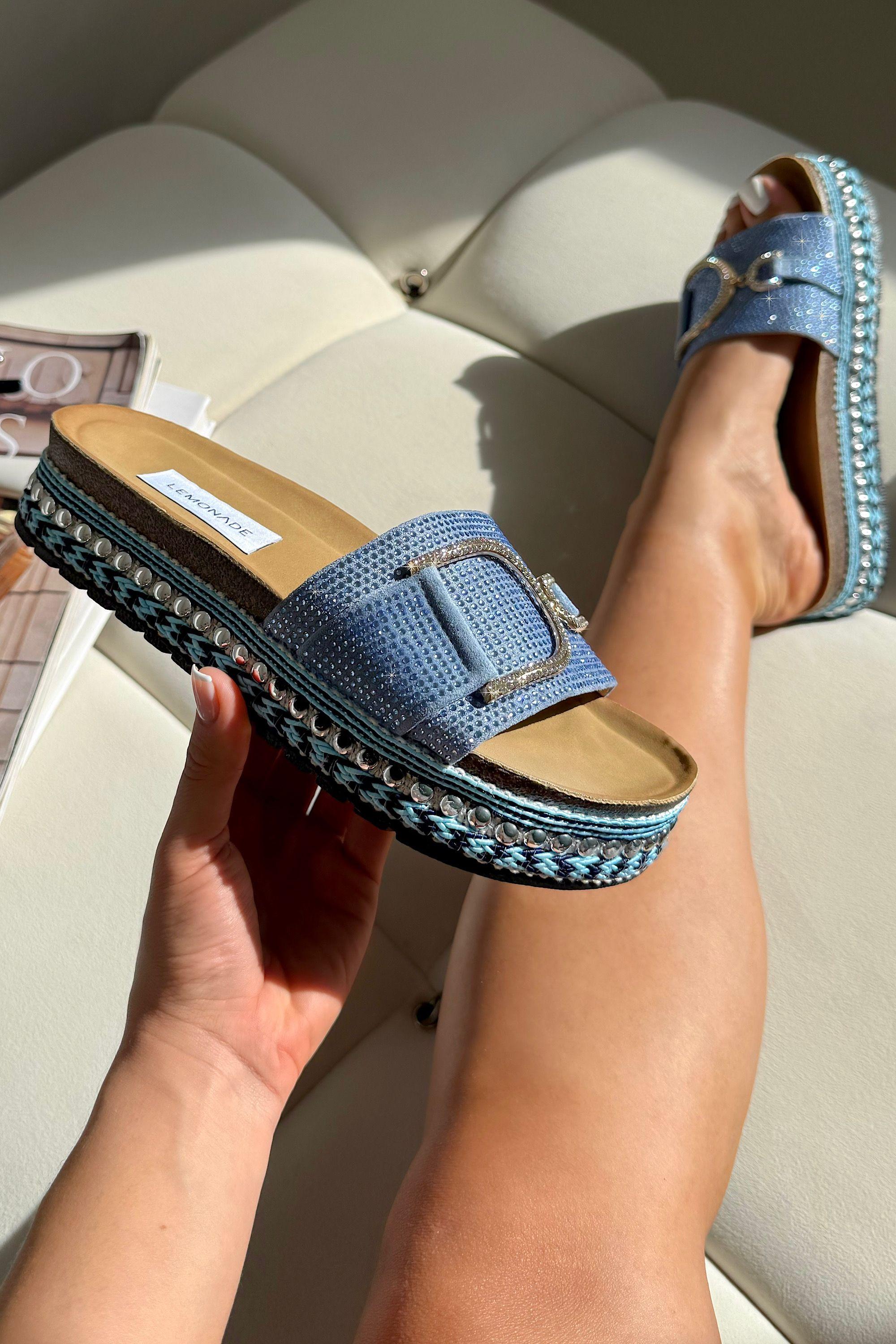 Crystal Edge Woven Platform Sliders by LOVE LEMONADE